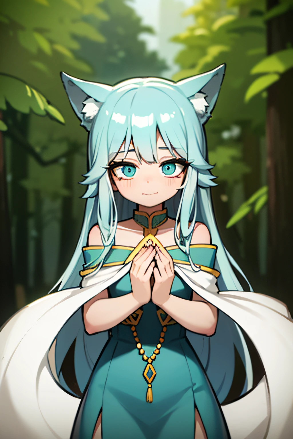 adult woman, turquoise eyes, long hair, turquoise hair, long turquoise embroidered dress, wolf tail, wolf ears blush, (happy:1.3), simple background, shiny skin, forest, standing cutely, looking at viewer, softie eyes, shy, cute.