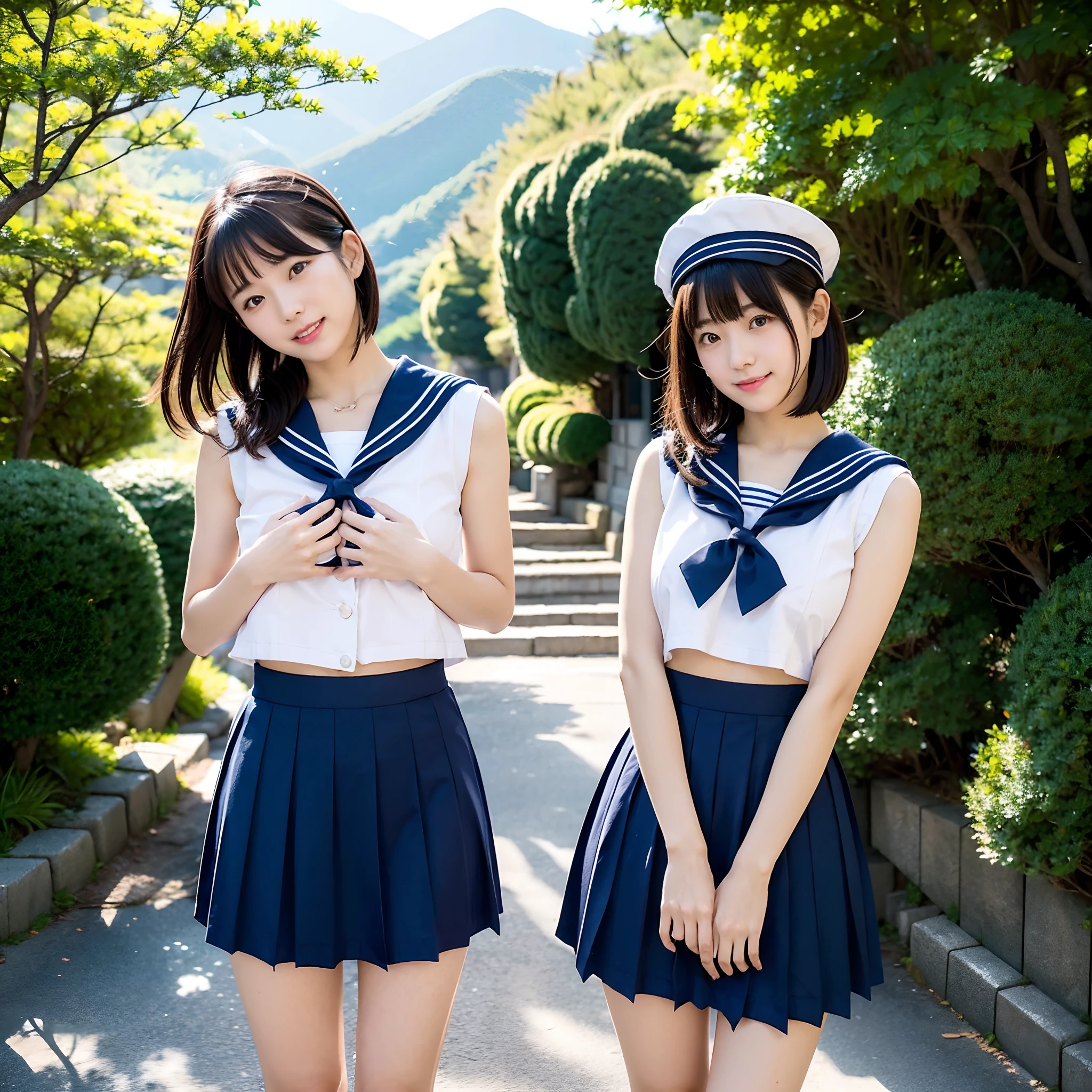 (high quality)、(High resolution)、Two junior high school students、Look at me with a smile、whole body、Big Breasts、A tight sleeveless shirt with buttons, frills and a collar、(A short skirt with frills)