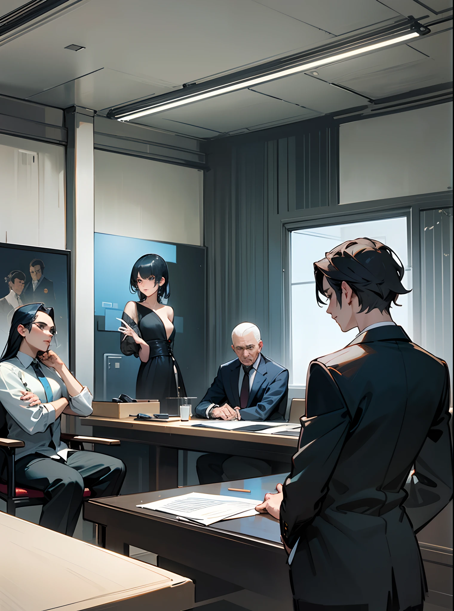 Cinematic, realistic, blue-toned, scene set inside a private studio, a group of designers, three men and three women, meet for a classic mafia-style meeting, all six standing, looking cool but tense -- Ar 16:9 --auto --s2