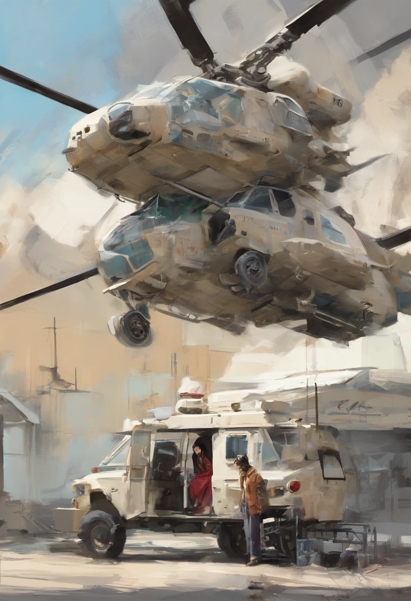 realistic painting ((((In the style of Robert McGinnis)))) a Japanese woman sitting in door of Hughes D-500 helicopter, Jason Stratham in the pilots door window, lots of detail, mixture, (white background:1.2) (digital art:1.3) , Eduardo Kobra acolchoamento ,multidimensional geometric wall PORTRAIT, arte, Chibi,Yang08k, lindo, Colouring,