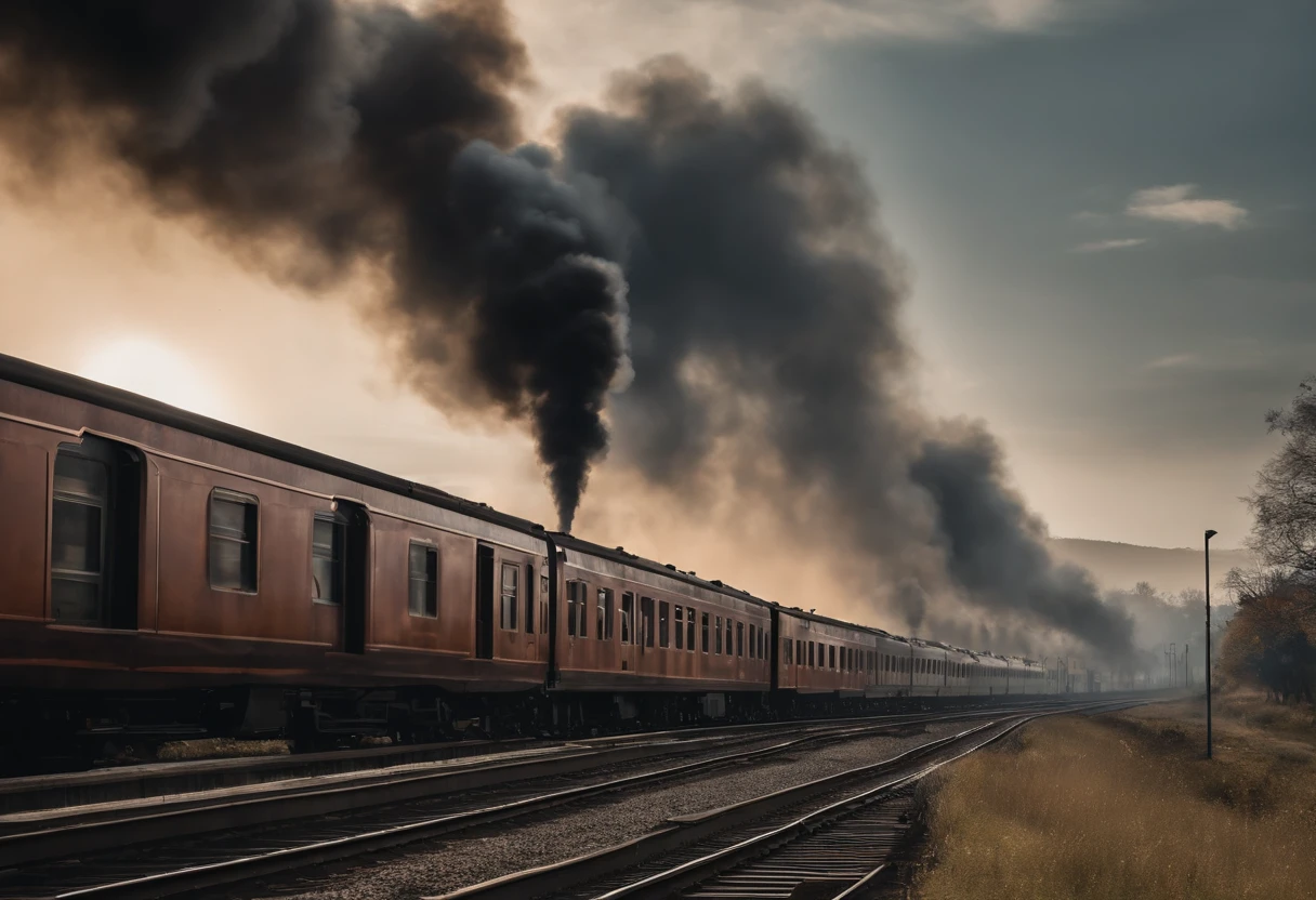 A train line and a train passing without releasing smoke inside a city.(melhor qualidade,4k,8k,Alto,master part:1.2),ultra-detalhado,[Realistic,fotorrealista,photo-realistic:1.37] Retrato, [Cores escuras e misteriosas], [Subtle and dim lighting], [textura vintage e antiga].