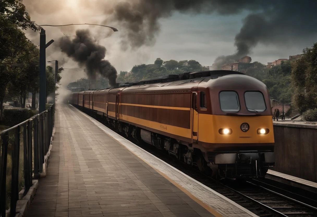 A train line and a train passing without releasing smoke inside a city.(melhor qualidade,4k,8k,Alto,master part:1.2),ultra-detalhado,[Realistic,fotorrealista,photo-realistic:1.37] Retrato, [Cores escuras e misteriosas], [Subtle and dim lighting], [textura vintage e antiga].