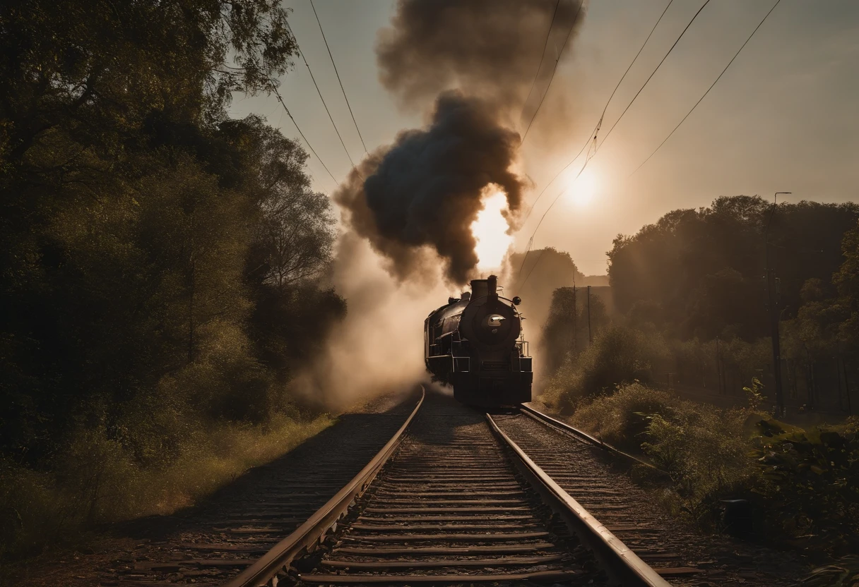 A train line and a train passing without releasing smoke inside a city.(melhor qualidade,4k,8k,Alto,master part:1.2),ultra-detalhado,[Realistic,fotorrealista,photo-realistic:1.37] Retrato, [Cores escuras e misteriosas], [Subtle and dim lighting], [textura vintage e antiga].