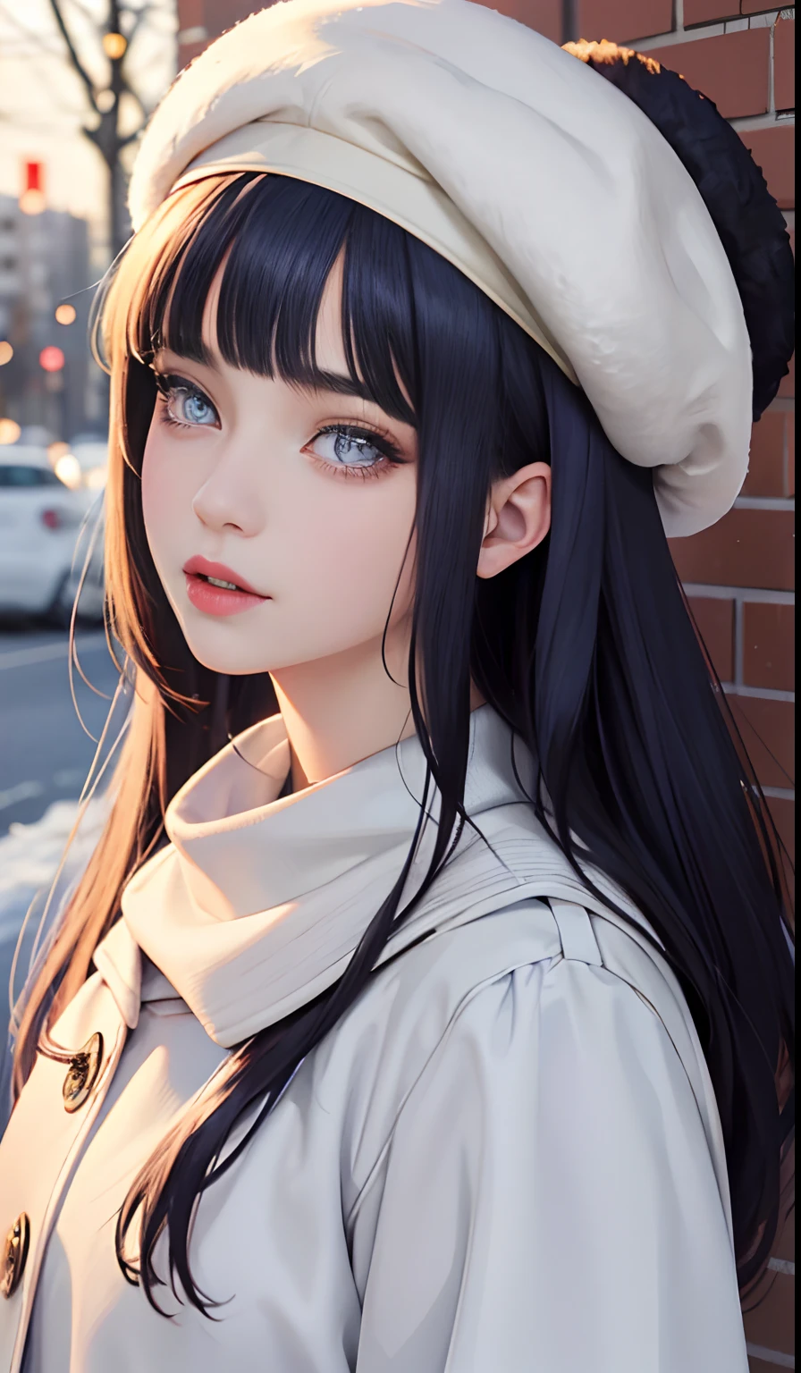 Best quality, Works of masters, A high resolution, 1girll, Super beautiful face, super beautiful eye, Super beautiful hair，Blunt Bangs, purple eyes, medium wavy dark blue hair，winter outfits，beret