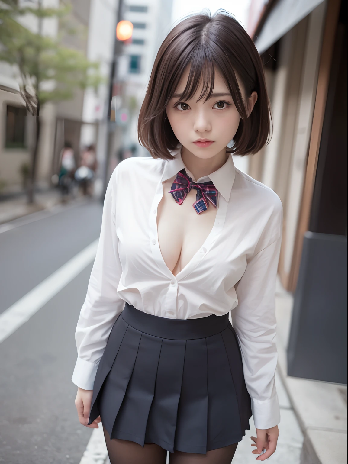 (8K、Raw photography、top-quality、masterpiece:1.2),Black pantyhose,absurderes,a small face,small tits,flat breast,Parting the bangs from the middle、Forehead visible,(Tight eyes,Bullish,skinny,Rasping,irate)、masterpiece,top-quality、超A high resolution,Raw photo,ren,Beautiful fece,One Person, 独奏,eye glass,,Dark look,Small breasts,fullllbody,Round glasses、cute little、A Japanese Lady,is standing,(Tight eyes,Bullish,skinny,Rasping,irate,small tits,flat breast)、(Photorealsitic:1.37)、Photon mapping,Light blue ribbon,Realistic、Cute little face,Brown-eyed、Black socks、(Red bow tie)、Radio City、Physically Based Rendering、Foreground、depth of fields、Blurry background、a picture,The girls、Body, Long legs, Thin leg,poneyTail,(Bangs are visible), hair, s lips, Blue_The eye, nosesoft,White shirt, Navy blue and white plaid pleated skirt, Knees are visible,Sheer clothing,, Thigh, Black cotton socks,Nogizaka Idol, 女優, Japanese ido、large boob、Open your shirt to expose your chest、cleavage of the breast、How to put out panties、fully body photo、Bare、Crouch Panty Shot、Sheer nipples