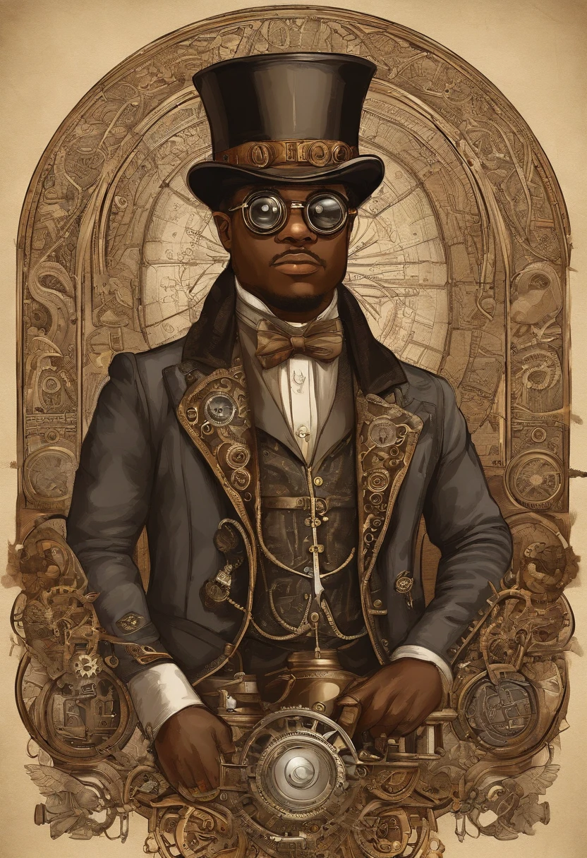 Simple avatar with dark-skinned boy with glasses and beardr usando trajes Steampunk, estilo steampunk, Steam-punk, Steampunk Fiction, steampunk aesthetic,steampunk homem anime bonito, Steampunk, fantasia Steampunk, estilo de fantasia steampunk, arte steampunk, arte digital steampunk, roupas Steampunk