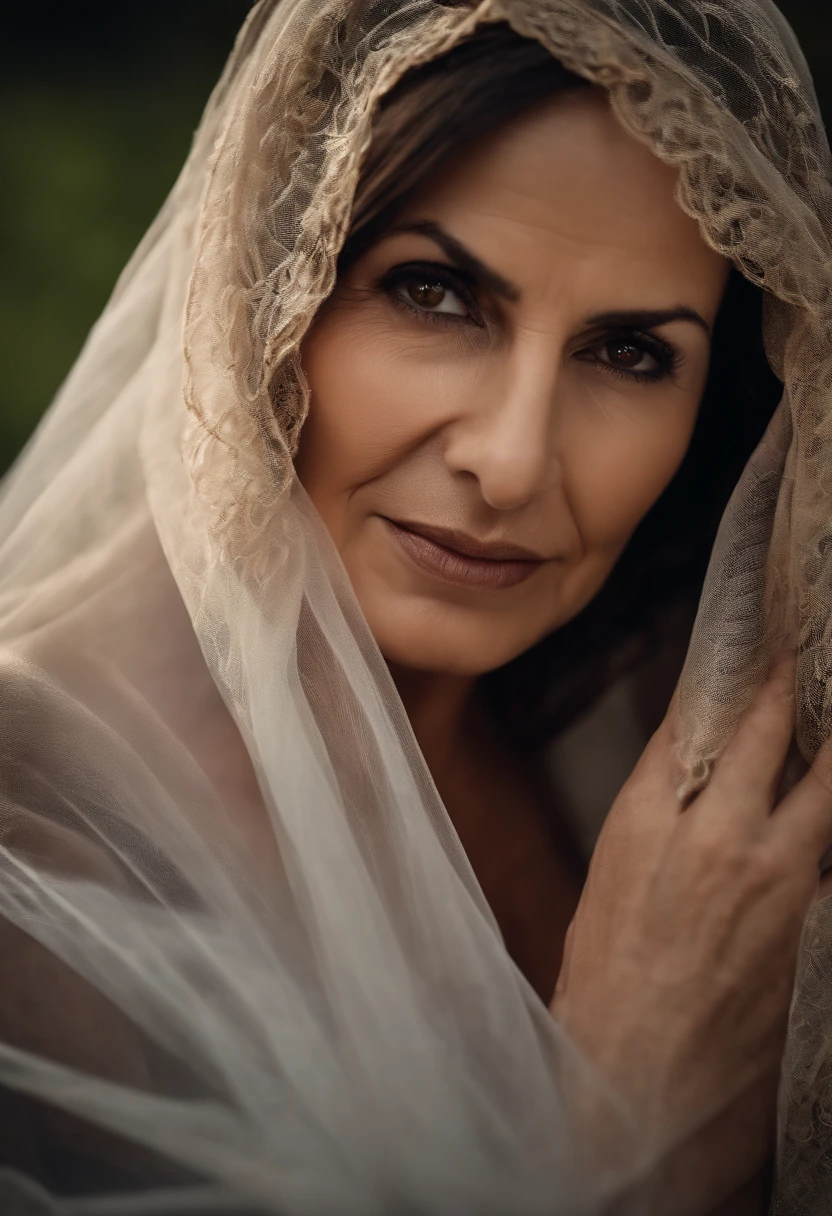 Middle-aged, beautiful woman, brown eyes, with a veil on her head.