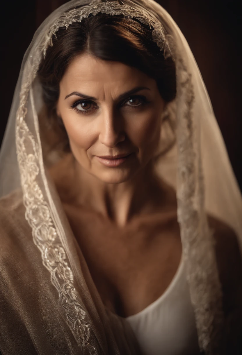 Middle-aged, beautiful woman, brown eyes, with a veil on her head.