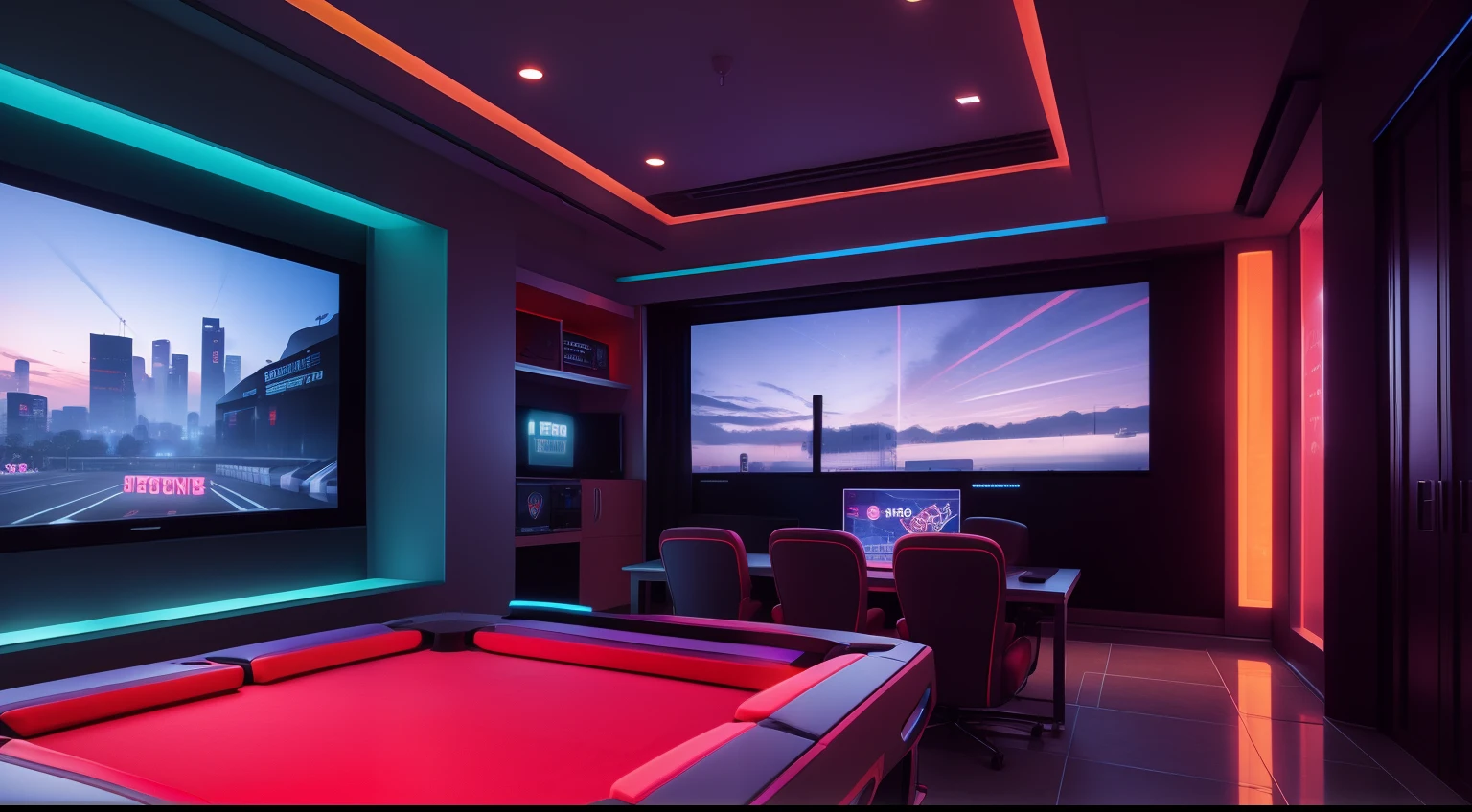 hestyle inside view of gaming room at evening, colorful night