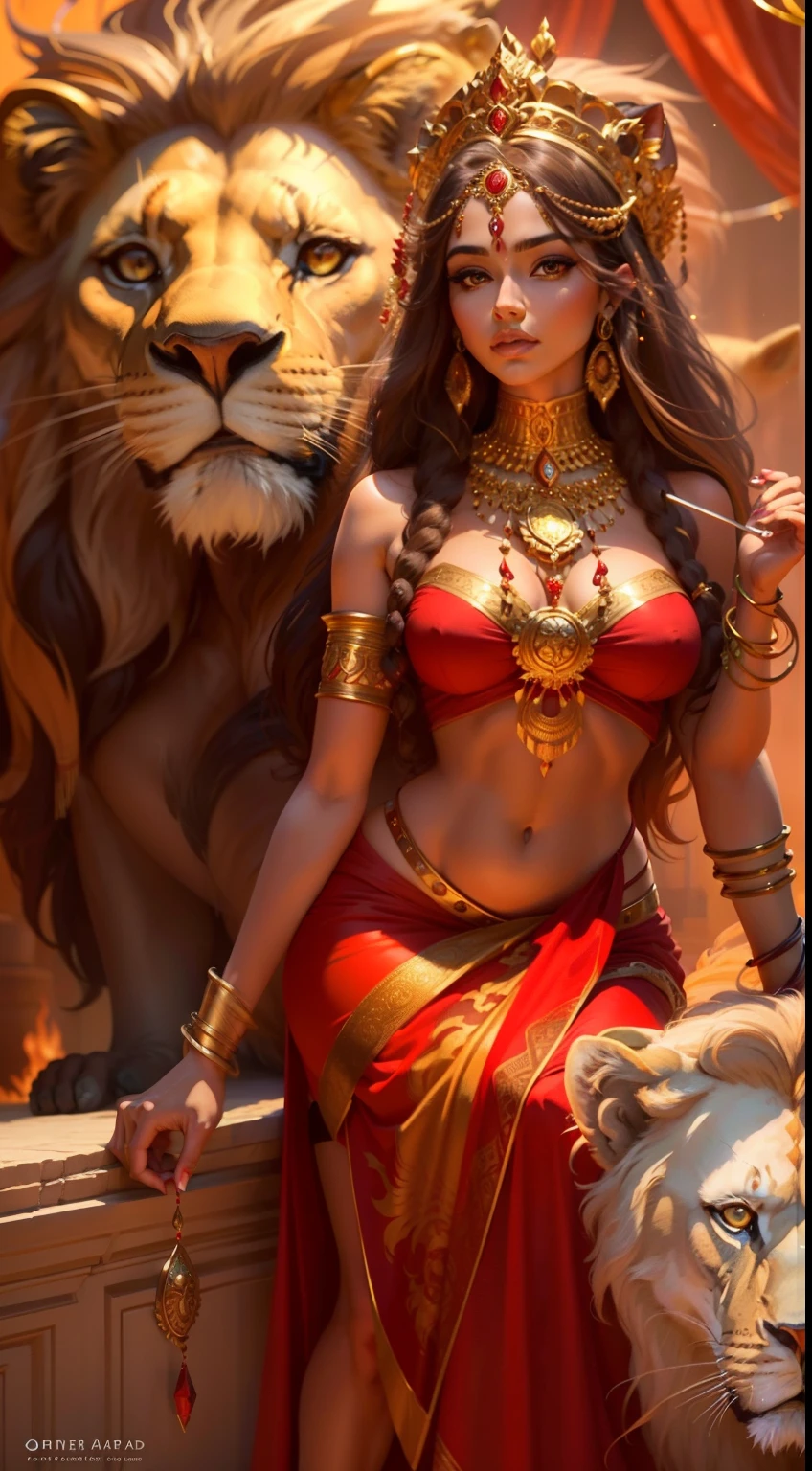 (highly detailed), (illustration), (intricate), (beautiful face), (attractive body), (complete body picture), modern indian goddess, Hinduism, (transparent red saree), (visible natural breasts), (NSFW), ((visible nipples)), sexy, dynamic pose, deity crown, (lion standing nearby), colorful, eye-catching, heavenly, inside a temple.