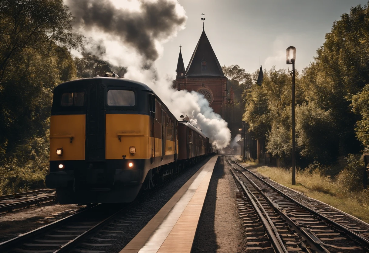 A train line and a train passing without releasing smoke inside a city.(melhor qualidade,4k,8k,Alto,master part:1.2),ultra-detalhado,[Realistic,fotorrealista,photo-realistic:1.37] Retrato, [Cores escuras e misteriosas], [Subtle and dim lighting], [textura vintage e antiga]  behind the train can be see a church.