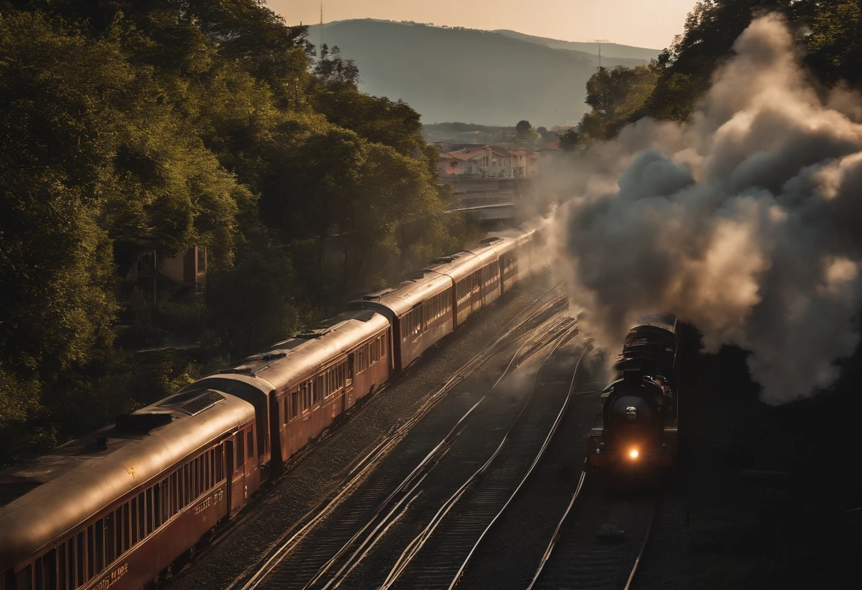 A train line and a train passing without releasing smoke inside a city.(melhor qualidade,4k,8k,Alto,master part:1.2),ultra-detalhado,[Realistic,fotorrealista,photo-realistic:1.37] Retrato, [Cores escuras e misteriosas], [Subtle and dim lighting], [textura vintage e antiga]  behind the train can be see a church.