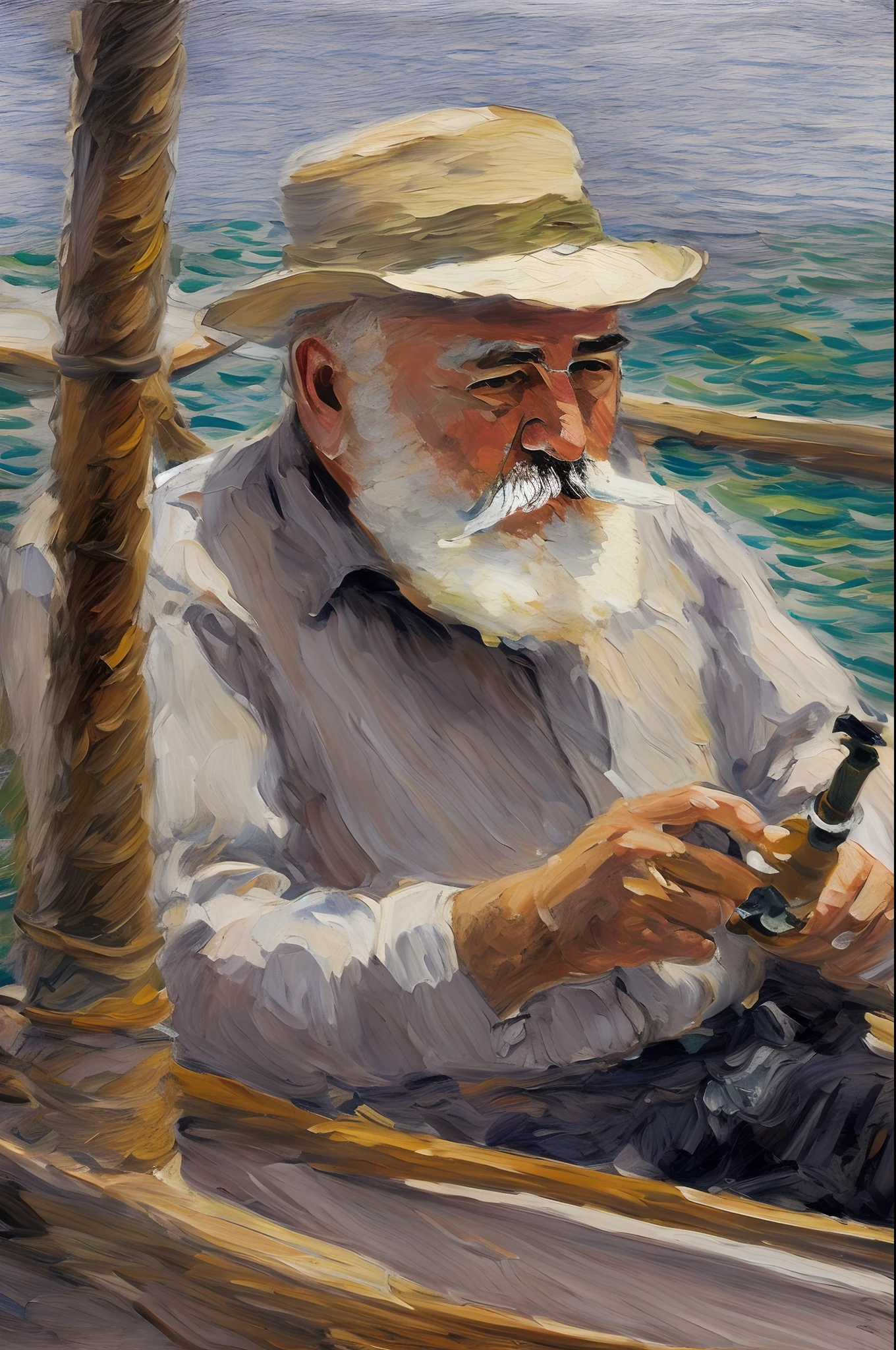 Hemingway smoked a pipe on a boat by the sea,Gesture painting,Oil painting in the style of Monet's impressionism,Blurred outlines,Low color saturation,Complementary colors are obvious