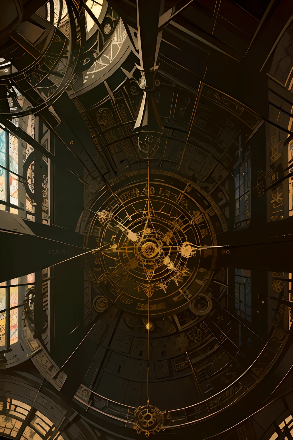 analog_clock, art_nouveau, bandages, chandelier, church, clock, doily, fire, flower, gears, magic_circle, male_focus, no_humans, painting_\(object\), pentagram, realistic, roman_numeral, rose, sitting, solo, sun_symbol, white_flower