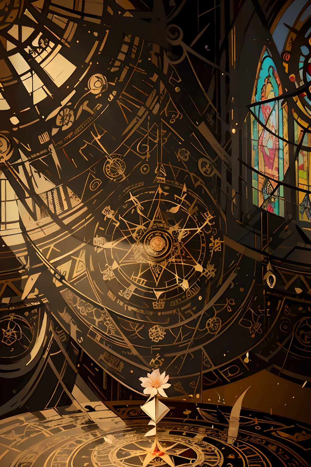 analog_clock, art_nouveau, bandages, chandelier, church, clock, doily, fire, flower, gears, magic_circle, male_focus, no_humans, painting_\(object\), pentagram, realistic, roman_numeral, rose, sitting, solo, sun_symbol, white_flower