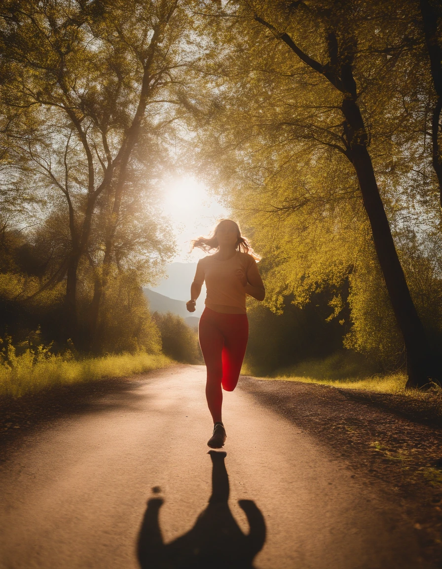 Chica corriendo, cheerfulness:1.8,cheerfulness, lleno de vitalidad，La parte superior del cuerpo，primavera，Efecto Dingdall，Rayos de sol，El bosque，Dynamic action，Bokeh de fondo，Speed Line, (Foto RAW:1.2),((fotorrealista:1.4))La mejor calidad , Extremadamente delicadamente hermoso, extremadamente detallado ,Unidad ,Fondo de pantalla de 8k, amiseta roja, pantalon corto negro