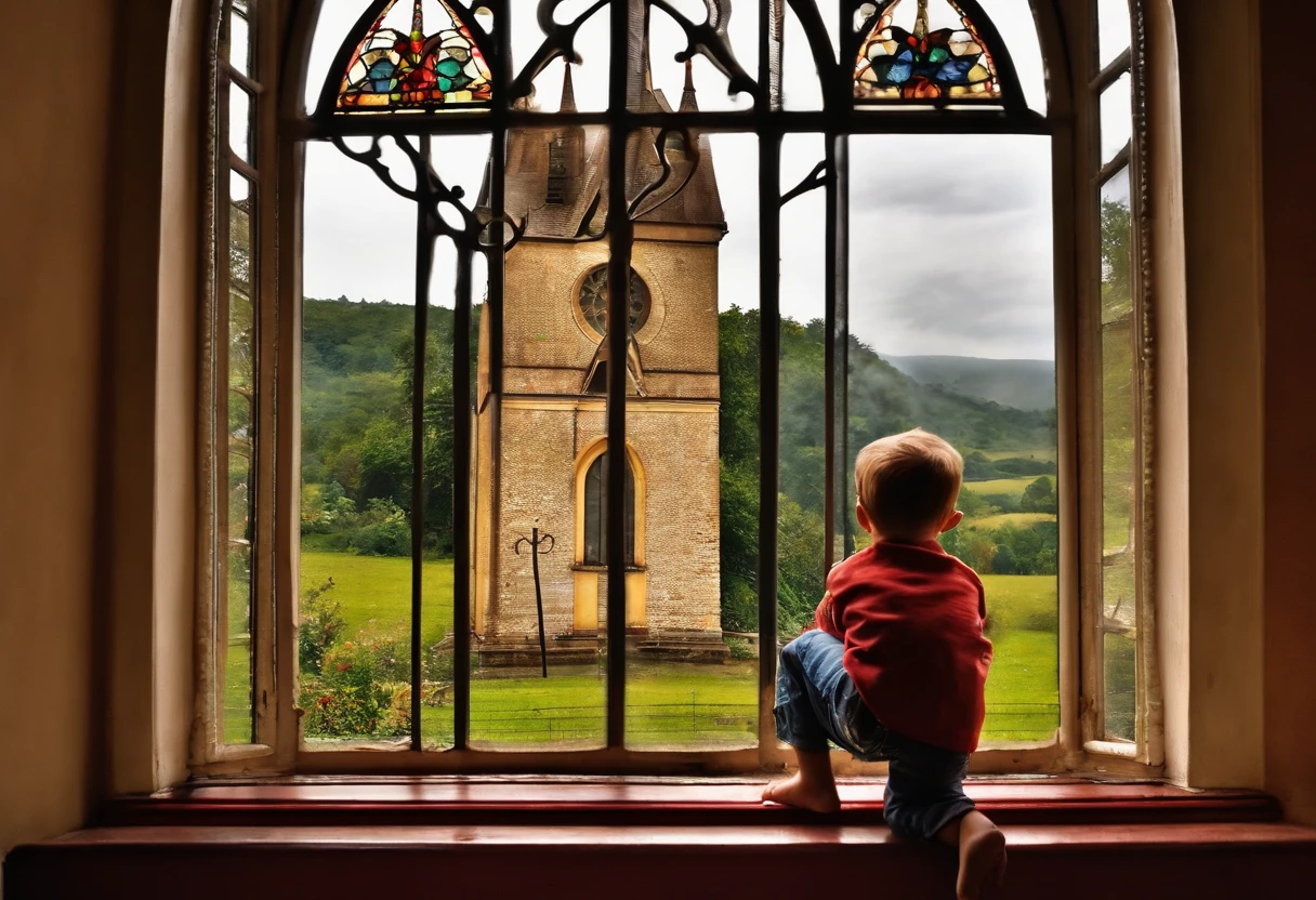 a child looking at a church through the window of his house, The house is a leftover. He sees the church and a train line, os trilhos