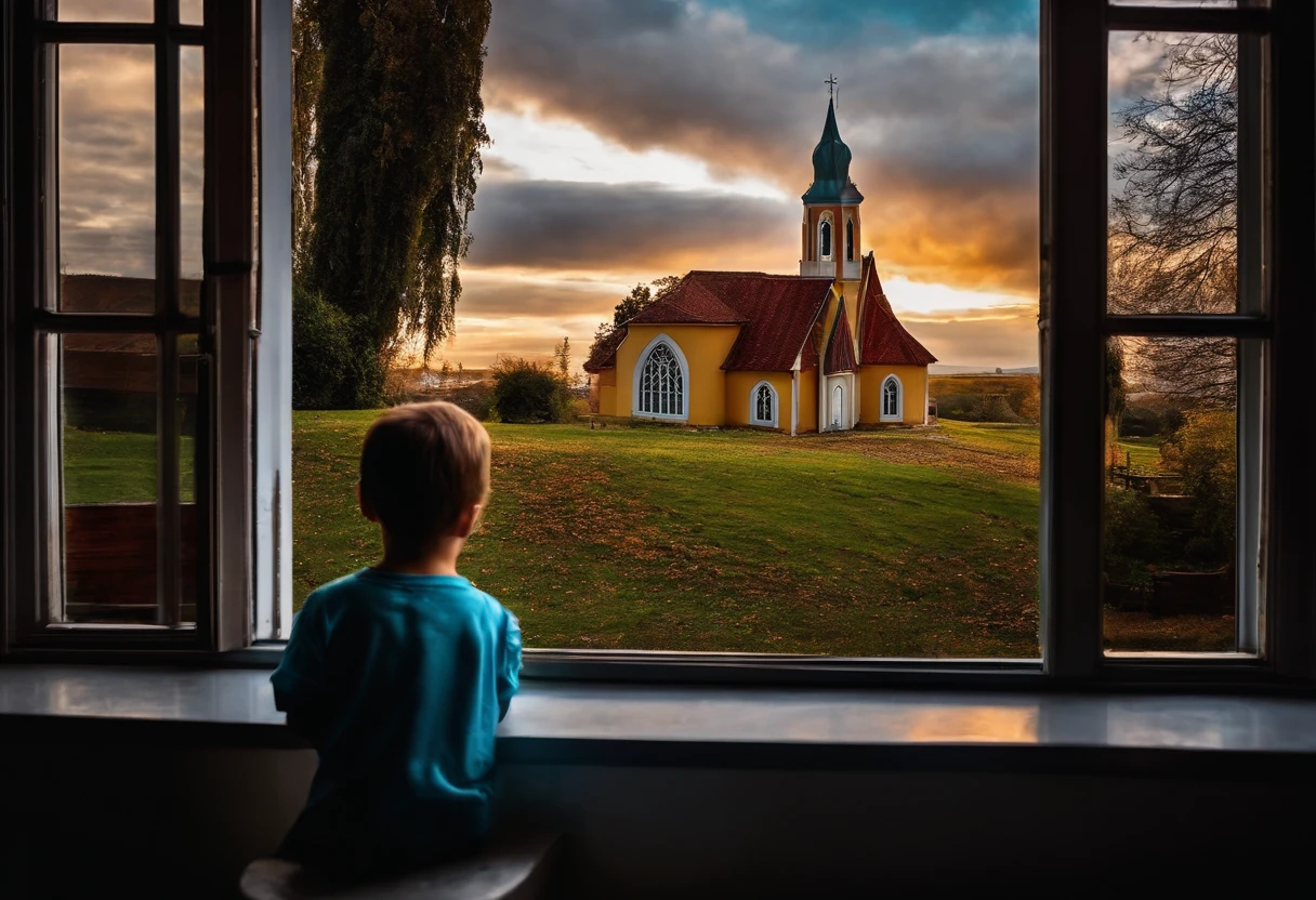 a child looking at a church through the window of his house, The house is a leftover. He sees the church and a train line, os trilhos