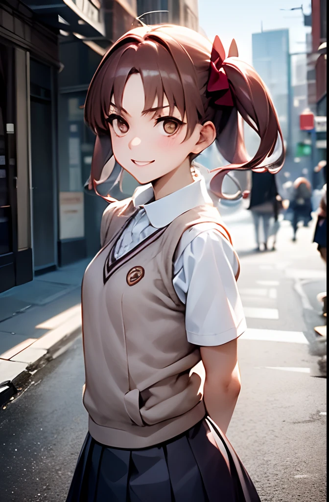 masterpiece, best quality, absurdres, 1girl, looking at viewer, standing, outdoors, street, city, arms behind back, smile, furrowed brow, shirai kuroko