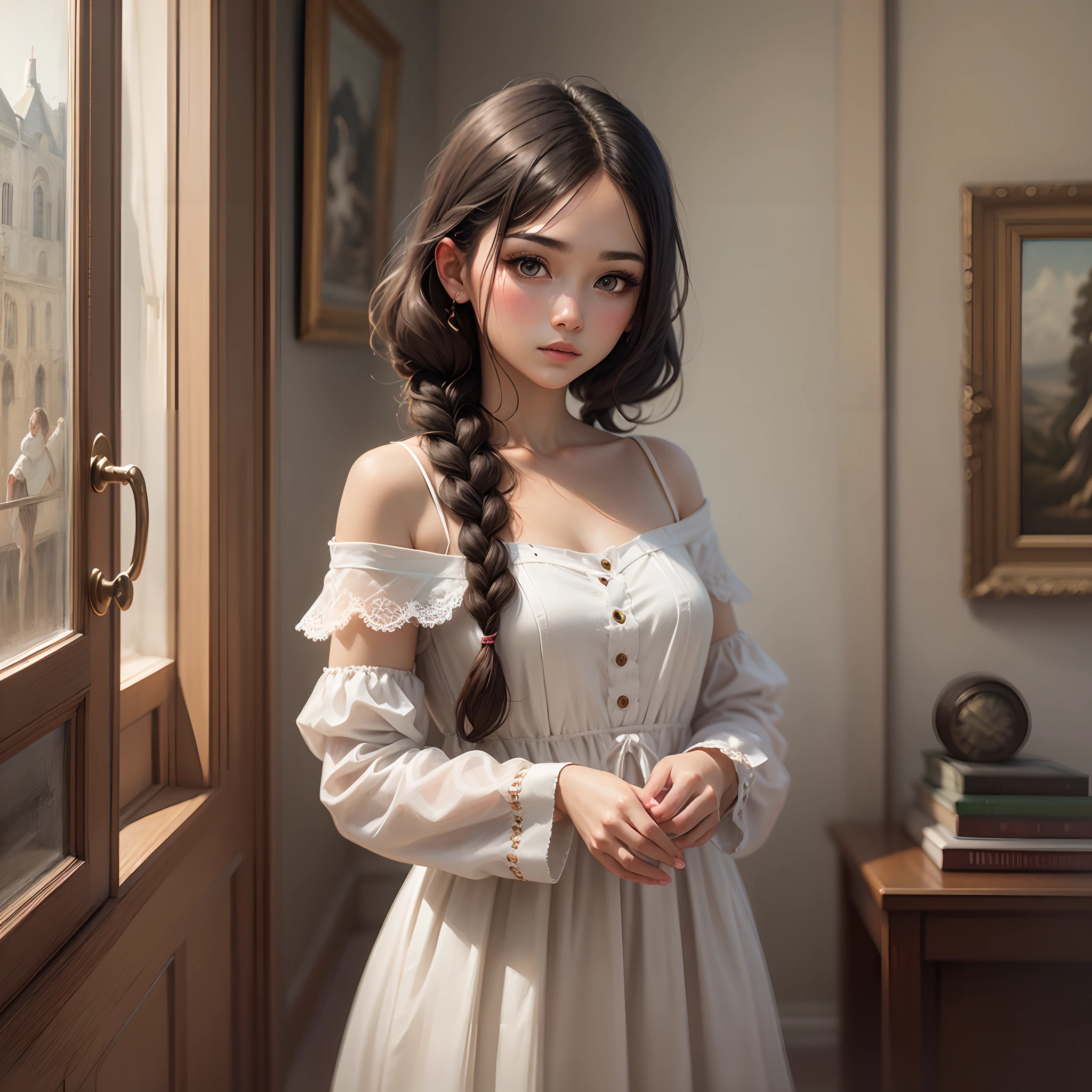 Beautiful girl in a white dress, standing half-turned, long braid, oil painting, painting --auto --s2