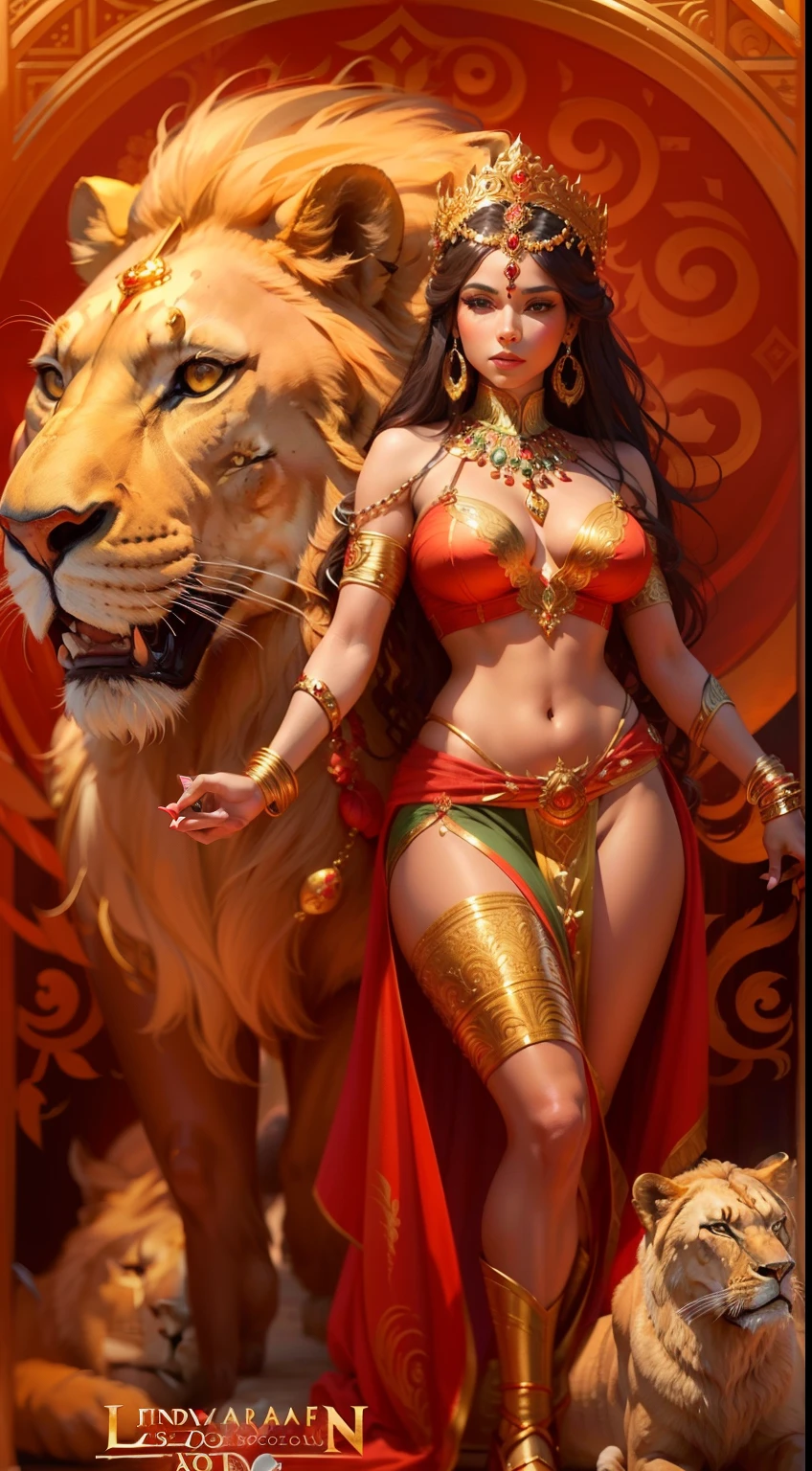arafed woman in a red and gold outfit with a lion, indian goddess, gorgeous goddess of leo, indian goddess of wealth, beautiful goddess, goddess. extremely high detail, a stunning portrait of a goddess, extremely detailed goddess shot, a beautiful fantasy empress, style of artgerm, portrait of a beautiful goddess, extremely detailed artgerm, (NSFW)