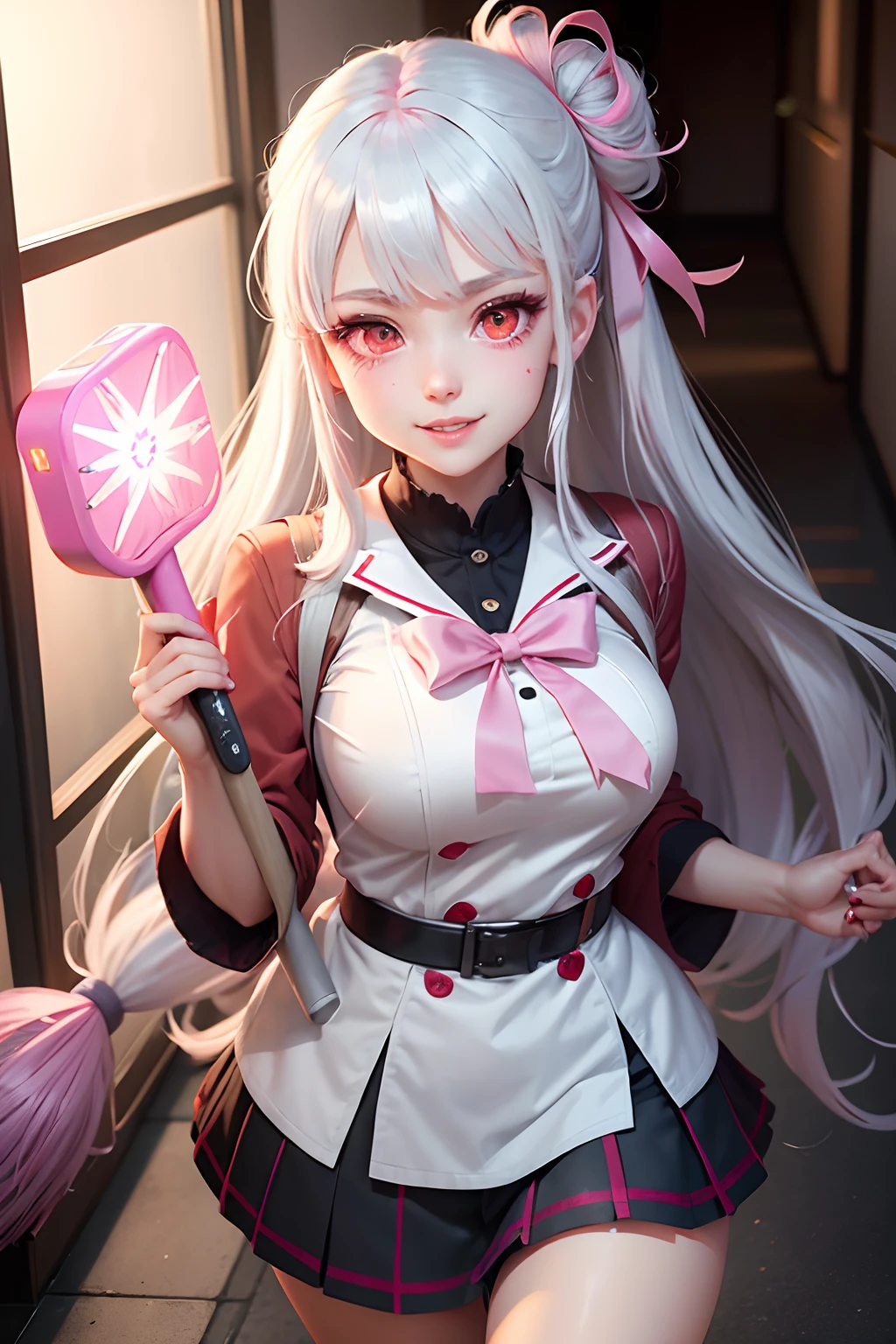 Kakegurui anime style, kakegurui uniform, platinum white hair and blur streaks in hair, colorful hair, hairstyle big sly smile sinful eyes long lashes, holding a large mallet hammer with pink ribbons, or japanese pastries, in a grey japanese school hallway with dice on the floor and white flowers glowing as they fall flowy floating fluffy hair in the sky. high quality, high resolution, HD quality, wlop, loish, samdoesart, light effects and adorable demeaner, student council,