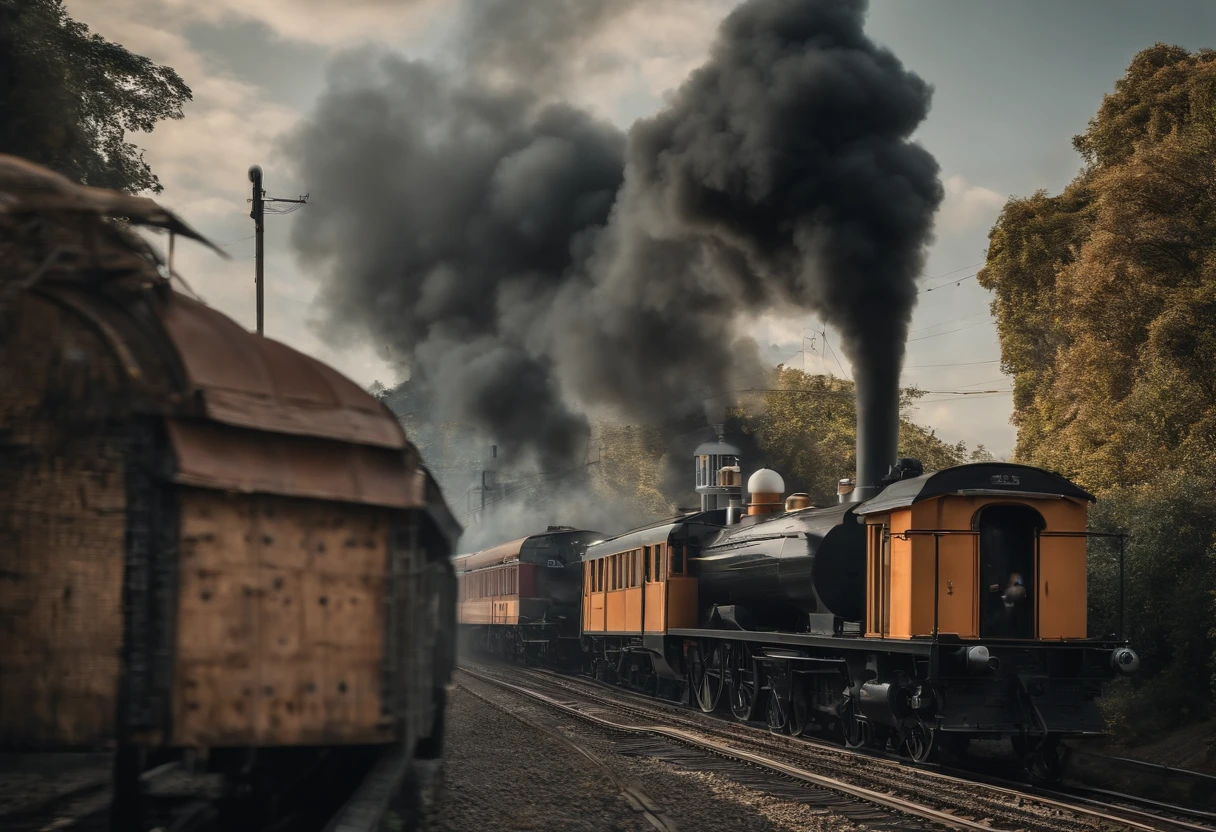 A train line and a train passing without releasing smoke inside a city.(melhor qualidade,4k,8k,Alto,master part:1.2),ultra-detalhado,[Realistic,fotorrealista,photo-realistic:1.37] Retrato, [Cores escuras e misteriosas], [Subtle and dim lighting], [textura vintage e antiga] behind the train can be see a church.
