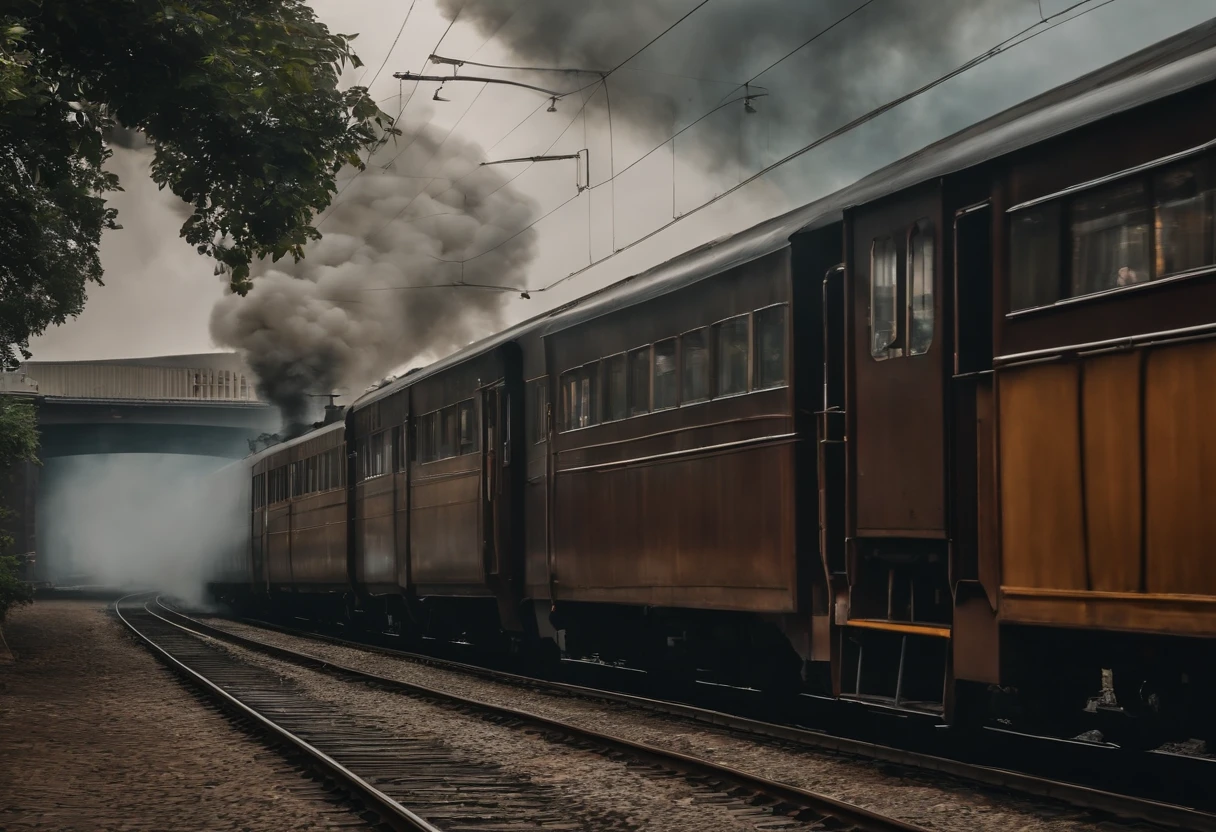 A train line and a train passing without releasing smoke inside a city.(melhor qualidade,4k,8k,Alto,master part:1.2),ultra-detalhado,[Realistic,fotorrealista,photo-realistic:1.37] Retrato, [Cores escuras e misteriosas], [Subtle and dim lighting], [textura vintage e antiga] behind the train can be see a church.