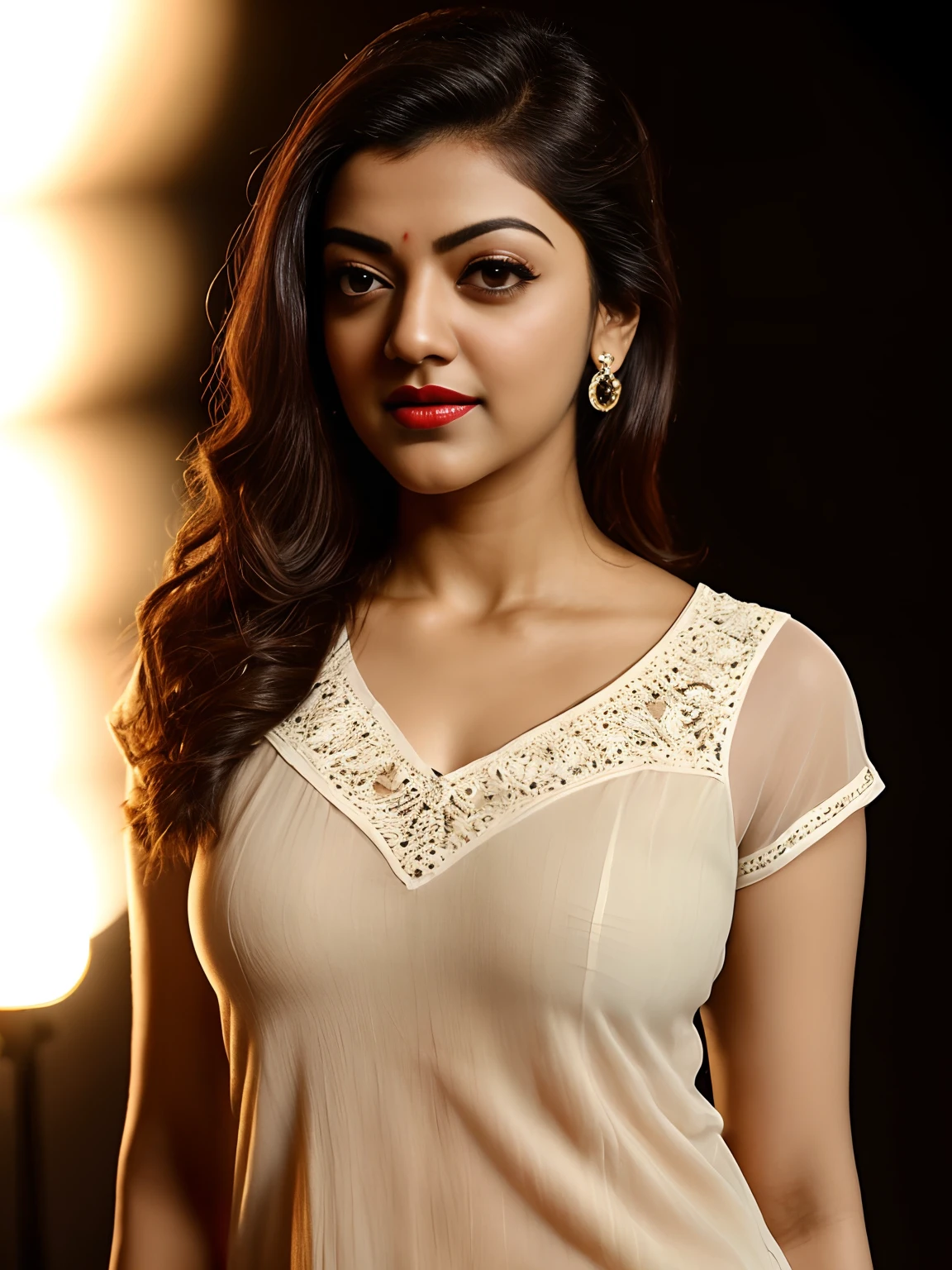 (editorial photograph of an Indian actress Kajal Aggarwal, energetic, 21 y.o. female), (wearing worn out clothes, detailed:1.3), ( natural big lips, highly detailed face:1.4), (background inside dark, moody, private study, studio lights:1.3), (8k, uhd, dslr, high quality, cinematic lighting, bokeh), (dramatic, award winning photography, incredible masterpiece:1.3) (strong depth of field), dark orange lips, Kajal Aggarwal Hindi Actress(model), pale white skin, fair glowing skin, decent makeup, nice dressed, cute face, lovely face, sweet face