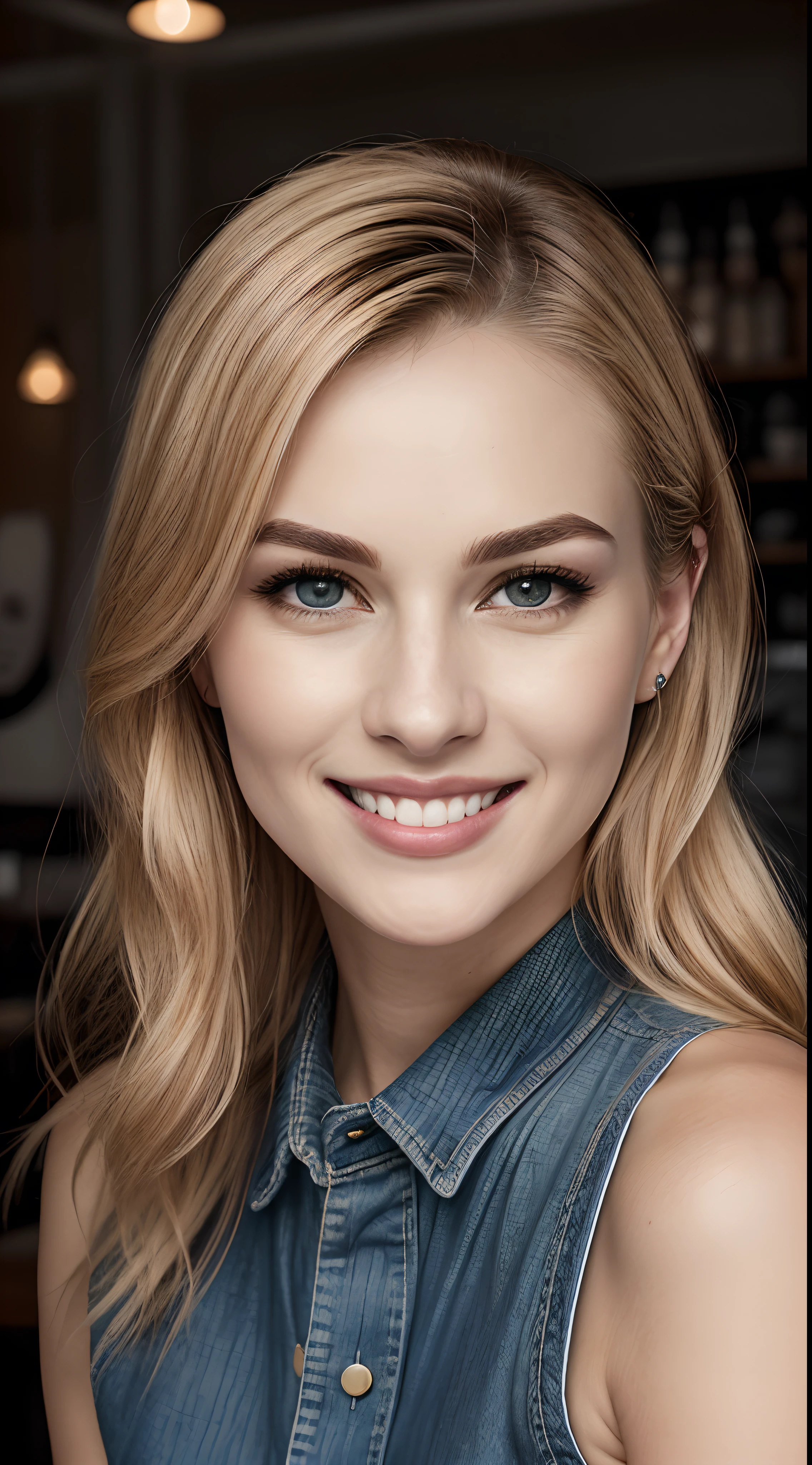 Masterpiece, (((oval shaped face with real defects on the face and skin))), professionnel photo of a blond stunning woman, real shadows and real lights, sitting in a modern café, art by otokoda, smile, tight jeans, blouse, very sharp happy photography, realistic detailed photography