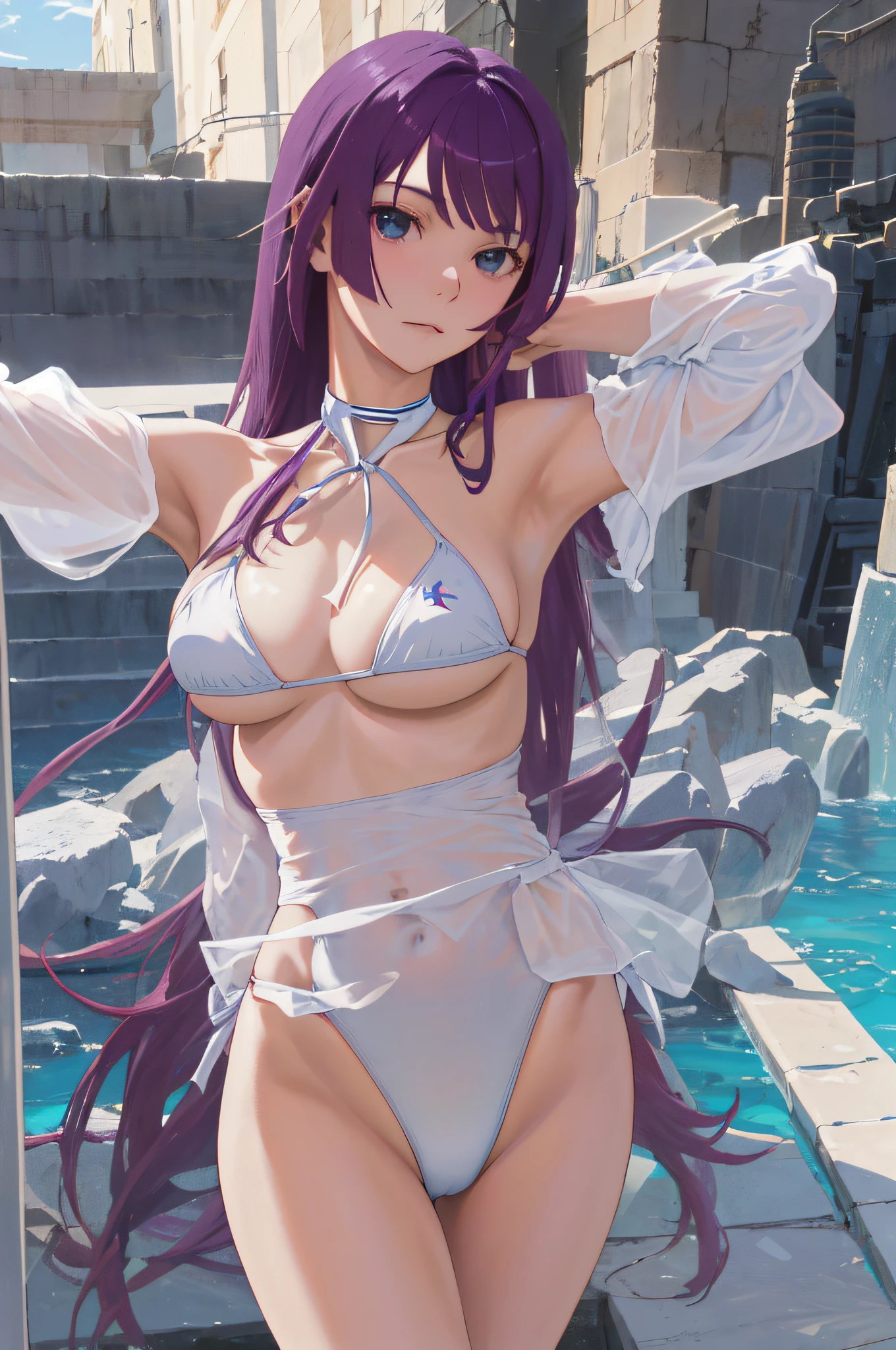 Obra maestra, La mejor calidad, Altas Resoluciones, sh1, Senjougahara Hitagi, Cabello largo, mangas largas, atar,((( high neck swimsuit))),muslos , Disparo de vaquero, Brazos cruzados,