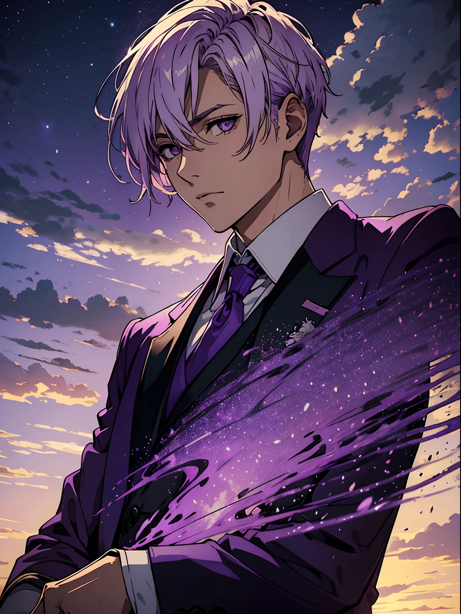 adult guy blonde, Purple sky, higly detailed, Purple clouds, white colored hair, Purple sky, purple color, Jacket and formal attire