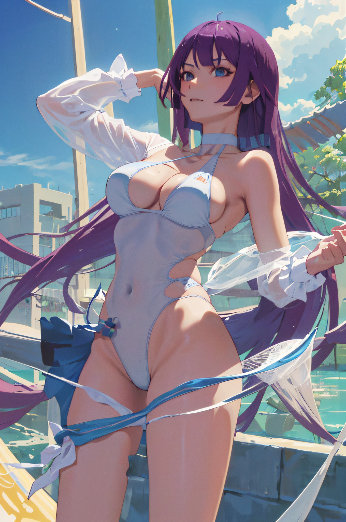 Obra maestra, La mejor calidad, Altas Resoluciones, sh1, Senjougahara Hitagi, Cabello largo, mangas largas, atar,((( high neck swimsuit))),muslos , Disparo de vaquero, Brazos cruzados,