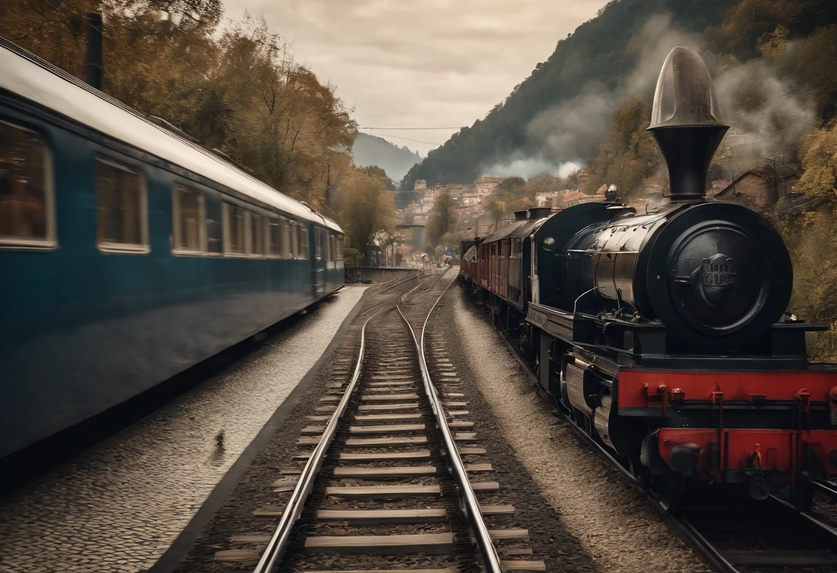 A train line and a train passing without spewing smoke through a city .(melhor qualidade,4k,8k,Alto,master part:1.2),ultra-detalhado,[Realistic,fotorrealista,photo-realistic:1.37] Retrato, [Cores escuras e misteriosas], [Subtle and dim lighting], [textura vintage e antiga] behind the train can be see a church. View from above, como se fosse filmado por um drone.
