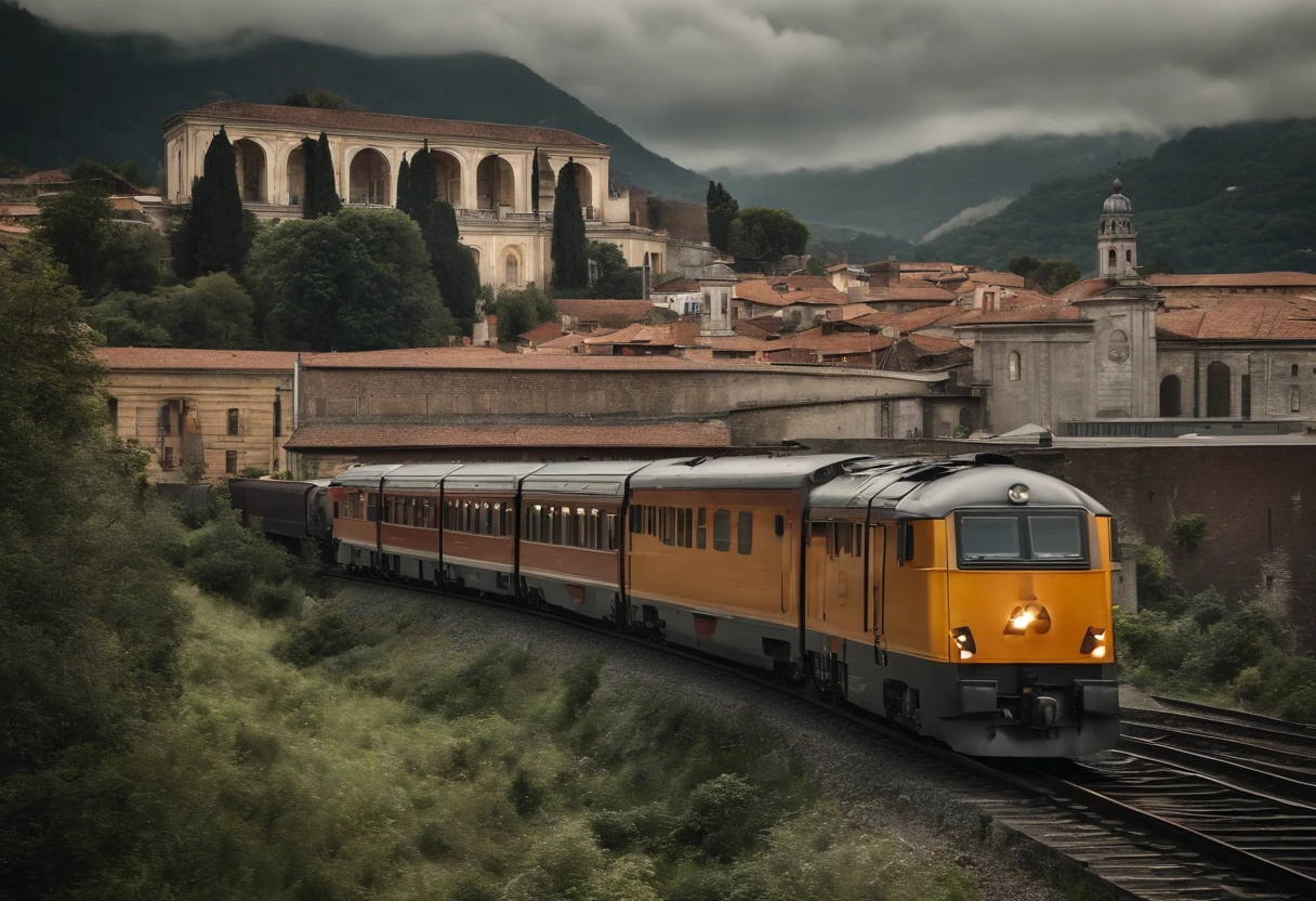 A train line and a train passing without spewing smoke through a city .(melhor qualidade,4k,8k,Alto,master part:1.2),ultra-detalhado,[Realistic,fotorrealista,photo-realistic:1.37] Retrato, [Cores escuras e misteriosas], [Subtle and dim lighting], [textura vintage e antiga] behind the train can be see a church. View from above, como se fosse filmado por um drone.