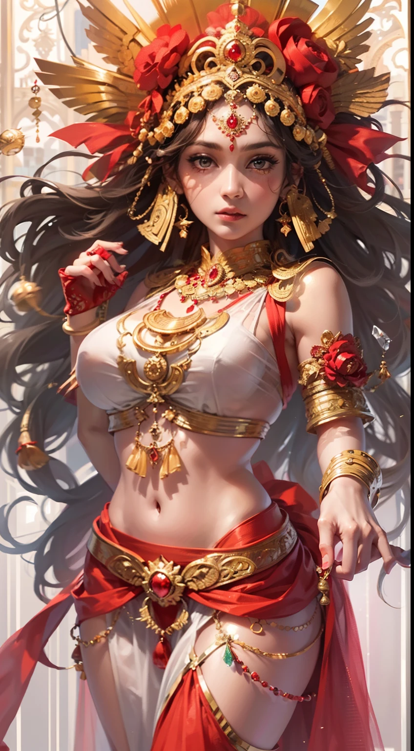 (highly detailed), (illustration), (intricate), (beautiful face), (attractive body), (complete body picture), modern indian goddess, Hinduism, (transparent red saree), (visible natural breasts), (NSFW), dynamic pose, deity crown, (lion standing nearby), colorful, eye-catching, heavenly.