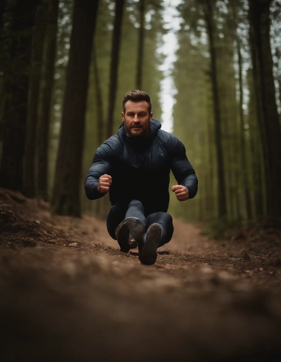 hombre corriendo, cheerfulness:1.8,cheerfulness, lleno de vitalidad，La parte superior del cuerpo，primavera，Efecto Dingdall，Rayos de sol，El bosque，Dynamic action，Bokeh de fondo，Speed Line, (Foto RAW:1.2),((fotorrealista:1.4))La mejor calidad , attletico, fibroso, 40 year old, hermoso, extremadamente detallado ,Unidad ,Fondo de pantalla de 8k, amiseta roja, pantalon corto negro,  vista desde atras, espalda