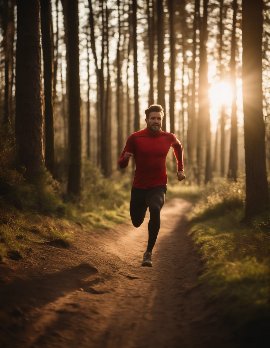 hombre corriendo, cheerfulness:1.8,cheerfulness, lleno de vitalidad,La parte superior del cuerpo,primavera,Efecto Dingdall,Rayos de sol,El bosque,Dynamic action,Bokeh de fondo,Speed Line, (Foto RAW:1.2),((fotorrealista:1.4))La mejor calidad , attletico, fibroso, 40 year old, hermoso, extremadamente detallado ,Unidad ,Fondo de pantalla de 8k, amiseta roja, pantalon corto negro, vista desde atras, espalda
