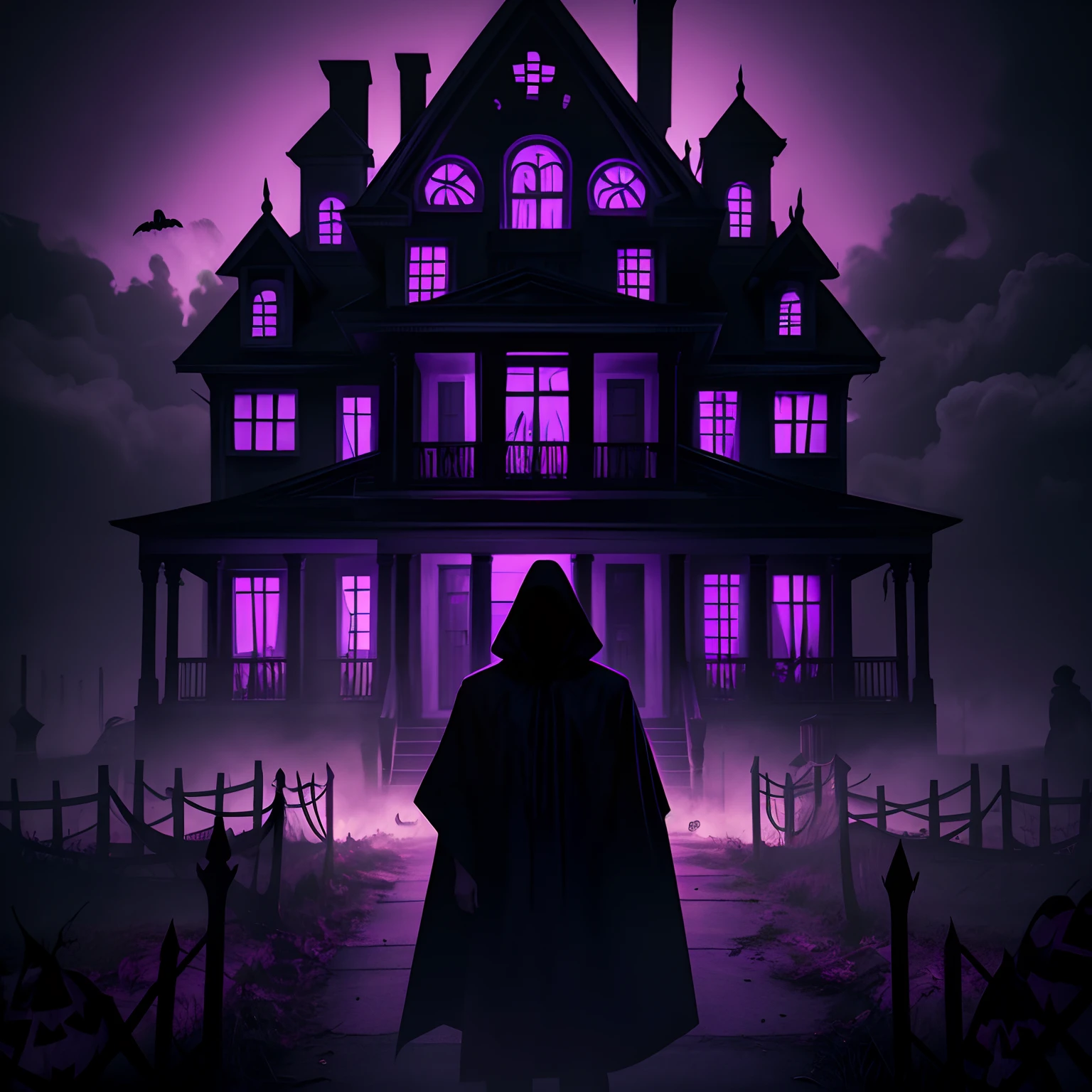 halloween invitation, house, background only, pattern, horror elements, the purge, neon, black, dark, purple, no text, no figure, smoke, mysterious, far away