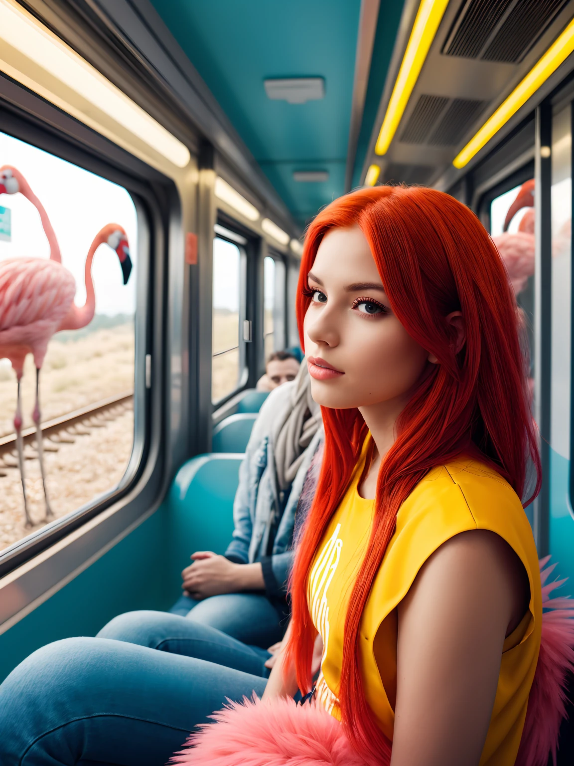 photo, woman with red hair sitting in in a train full of flamingos wearing a yellow orange high fashion outfit, very_low_angle_shot, fashion, neon lights, cinematic, shot on Afga Vista 400, 35mm, natural skin, close up