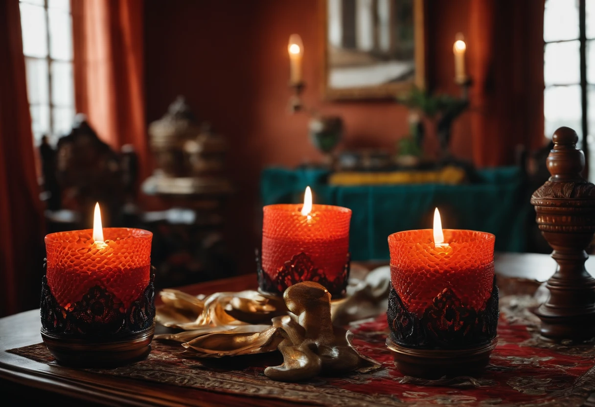 mesa com santos, enfeitada com serpentinas, na mesa tem velas acesas , tudo isso sobre uma toalha branca de renda