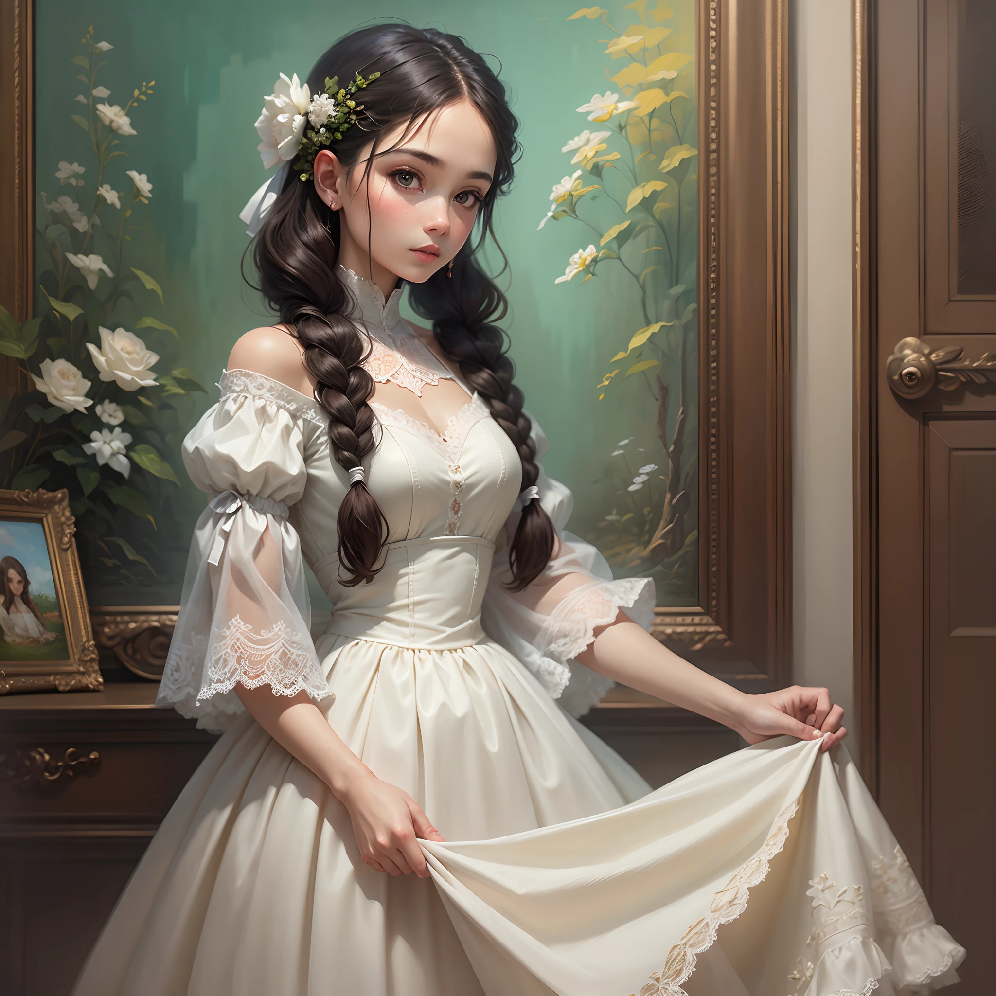 Beautiful girl in a white dress, standing half-turned, long braid, oil painting, painting --auto --s2