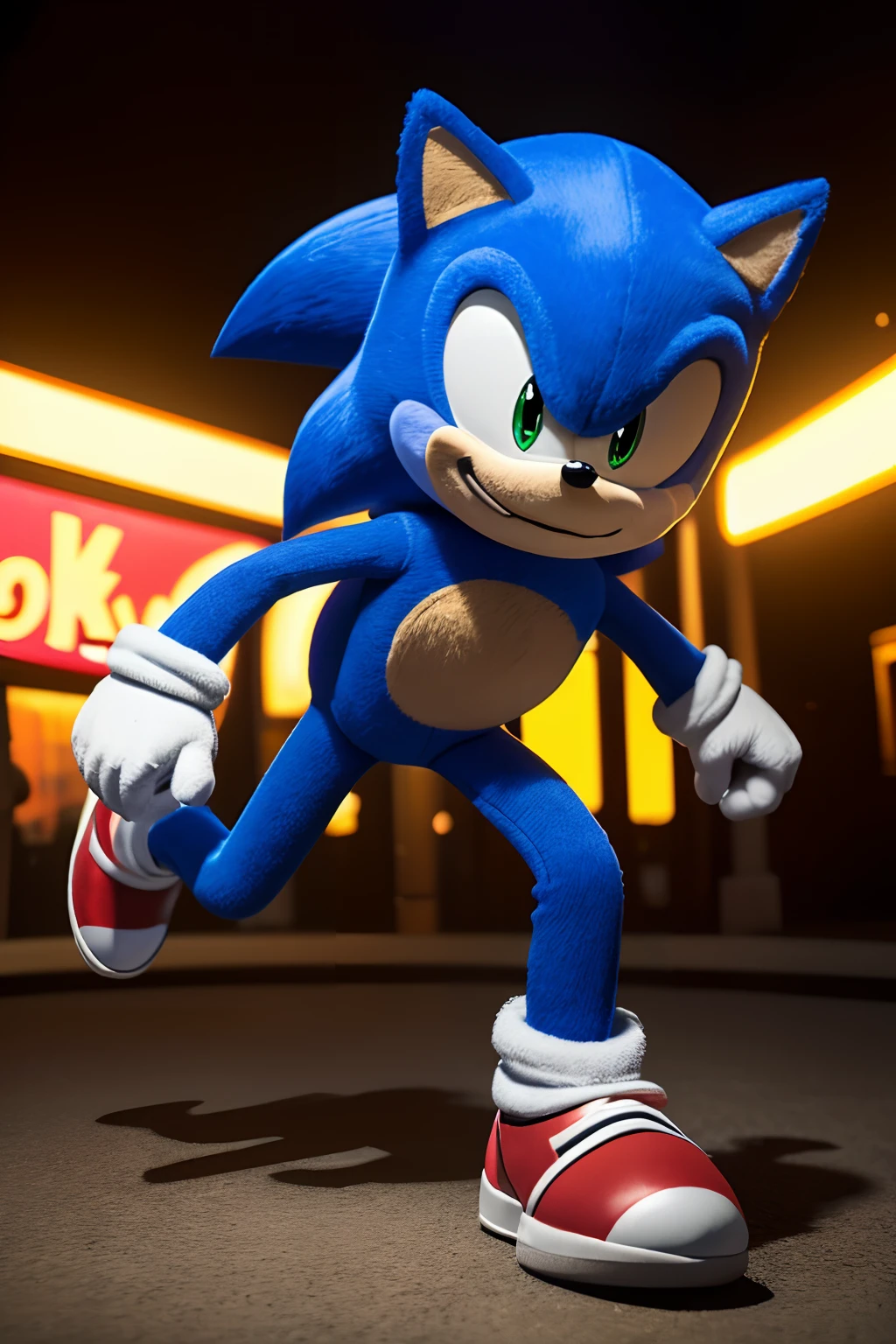 (best quality,4k,8k,highres,masterpiece:1.2),ultra-detailed,(realistic,photorealistic,photo-realistic:1.37), vivid colors, studio lighting, realistic eyes and face, Sonic the Hedgehog adult plush costume with rick astley face inside, dynamic pose, energetic speed, detailed spiky blue fur, friendly expression, iconic red running shoes, playful attitude, amusement park, intricated detrals.