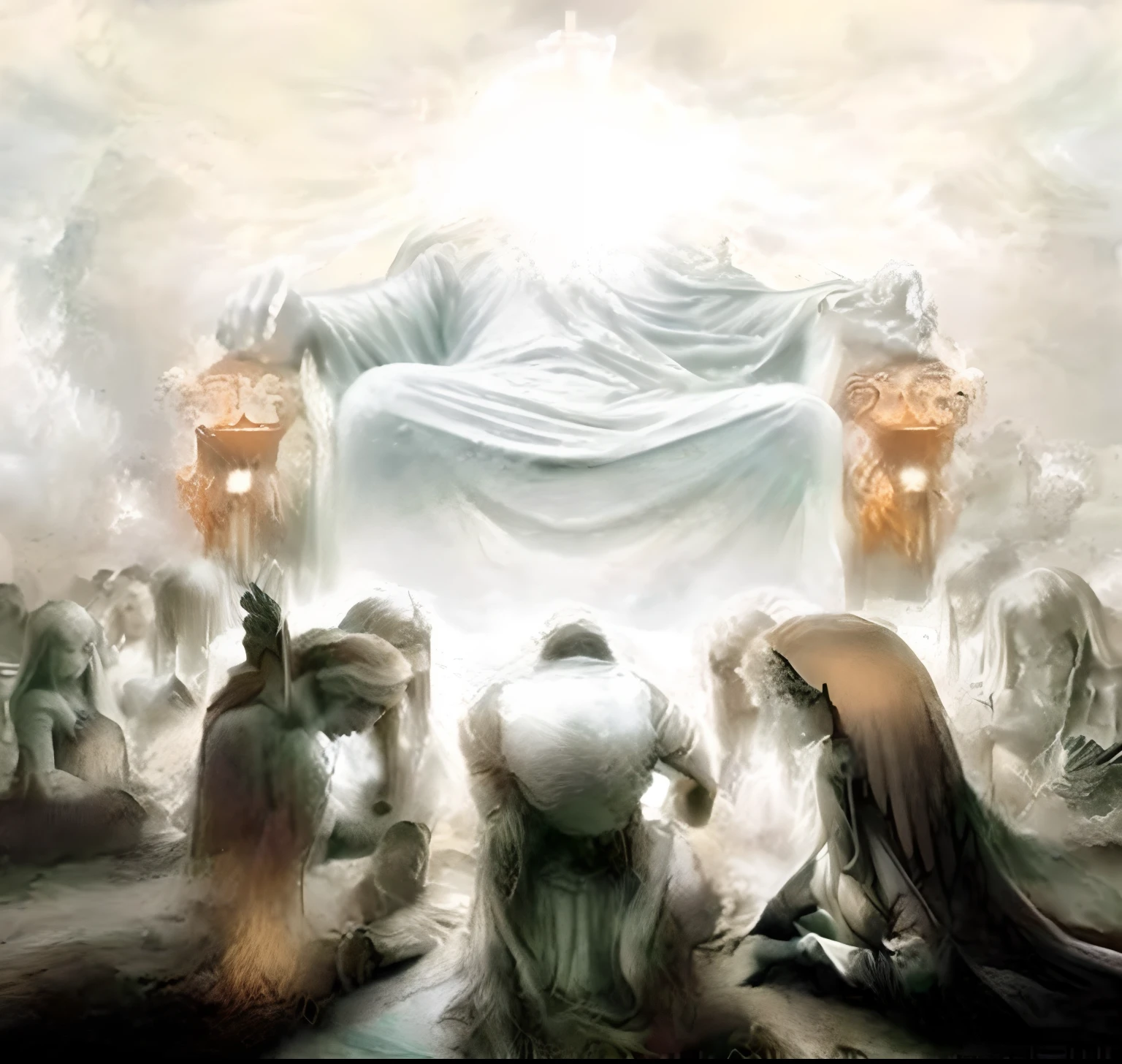 A stunning image depicting the Doomsday scenario, conforme descrito em Apocalipse 20:11. ((O trono branco onde Jesus se senta se destaca na cena)), The throne of Jesus is full of glory, Before Jesus an immense multitude of people, Everyone is in the clouds, There is no heaven or earth, simbolizando a majestade divina. Powerful angels are present, solemnly watching the opening of the books, representing the records of each individual's actions. an untold crowd of people, aguardando seu destino eterno. The mood is one of reverence and awe before the divine justice that will be established.