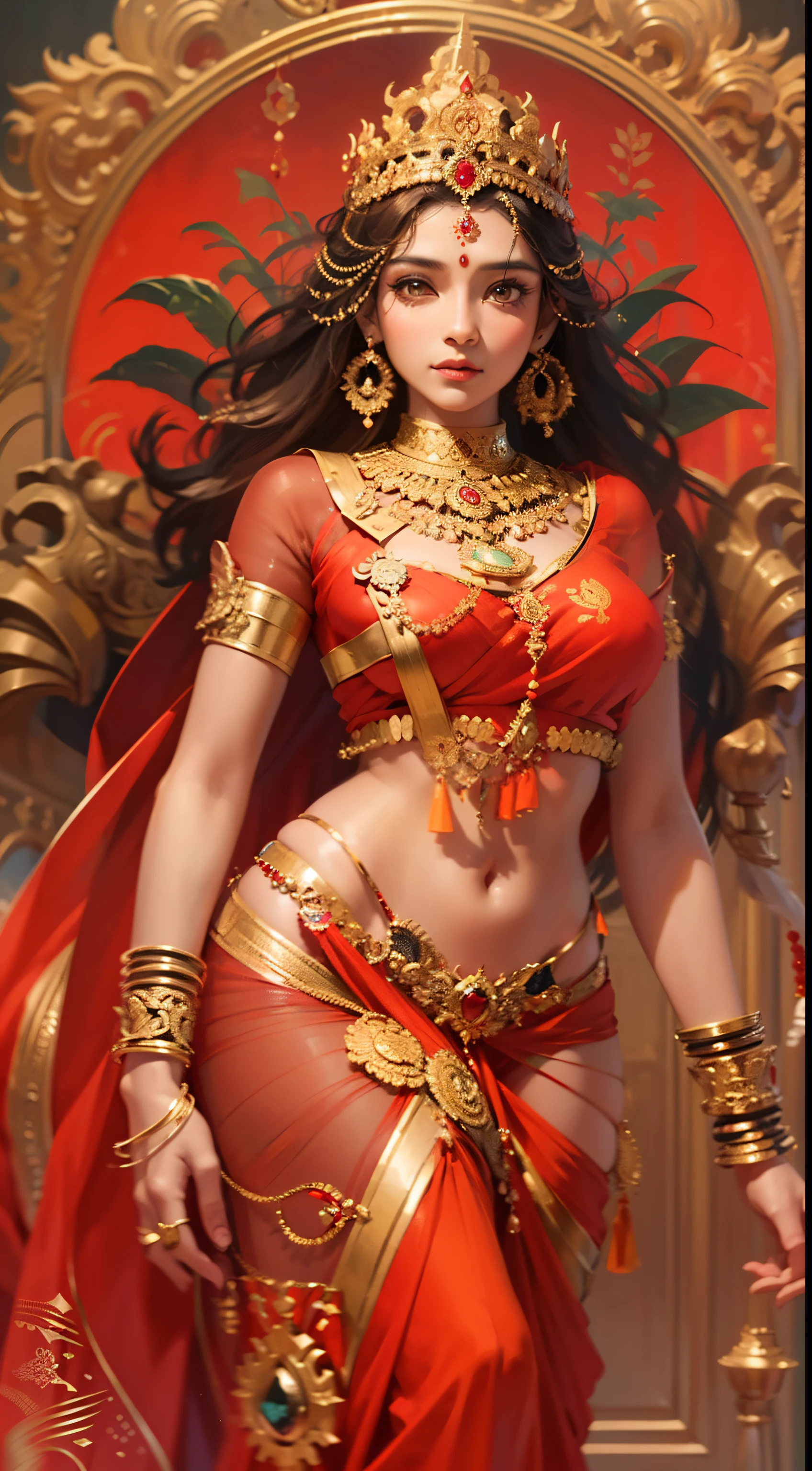 (highly detailed), (illustration), (intricate), (beautiful face), (attractive body), (complete body picture), modern indian goddess, Hinduism, (transparent red saree), (visible natural breasts), (NSFW), ((visible nipples)), sexy, dynamic pose, deity crown, (lion standing nearby), colorful, eye-catching, heavenly, inside a temple.
