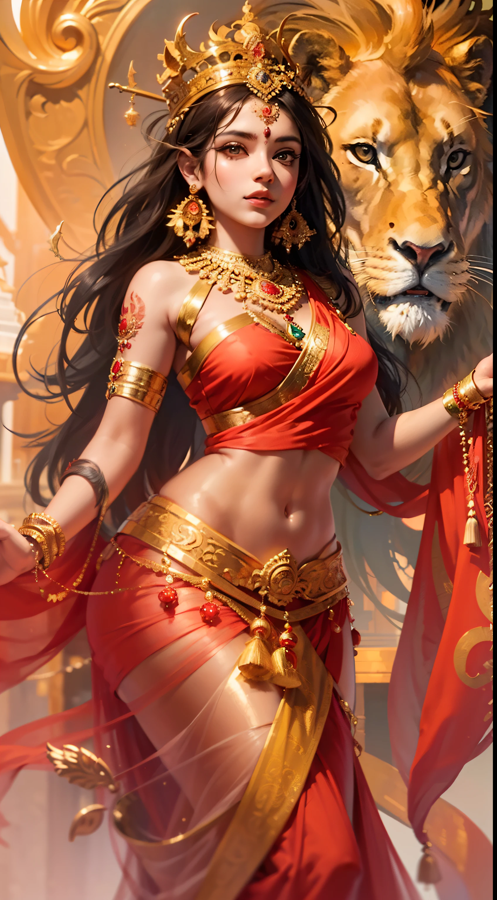 (highly detailed), (illustration), (intricate), (beautiful face), (attractive body), (complete body picture), modern indian goddess, Hinduism, (transparent red saree), (visible natural breasts), (NSFW), dynamic pose, deity crown, (lion standing nearby), colorful, eye-catching, heavenly.