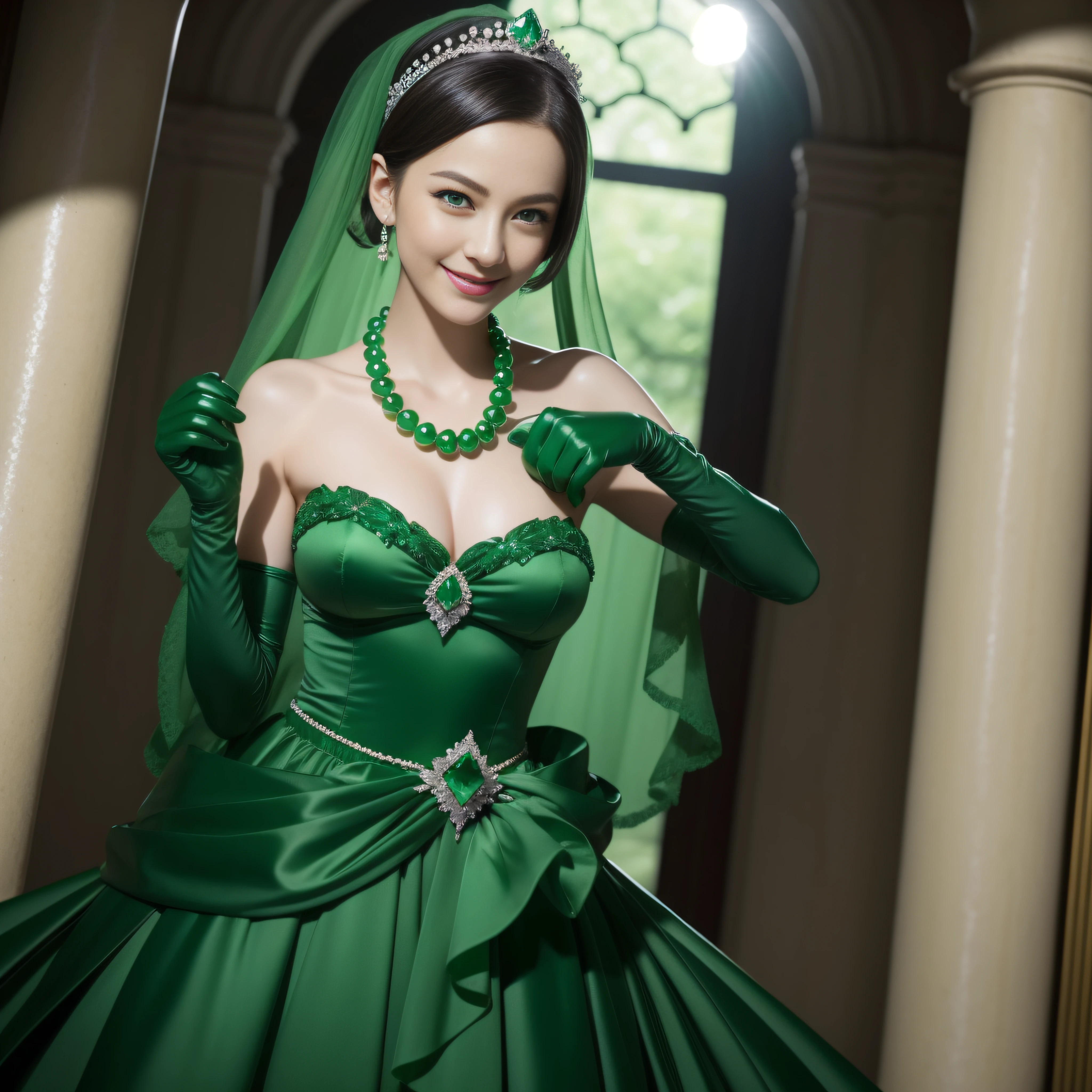 emerald tiara, Green Pearl Necklace, Boyish very short green hair, lipsticks, Japan woman smiling, very short short hair, big breasts beautiful, Green eyes, Long green gloves made of satin material, Green eyes