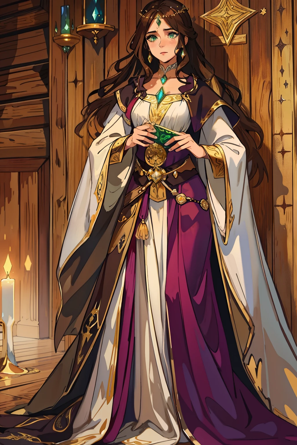 A beautiful sexy woman with green eyes and brown hair is a sorceress Wizard dressed in white and gold robes A princess of magic and a sad look. A background with a dramatic wooden wall An art for an RPG A medieval art for an RPG (melhor qualidade)