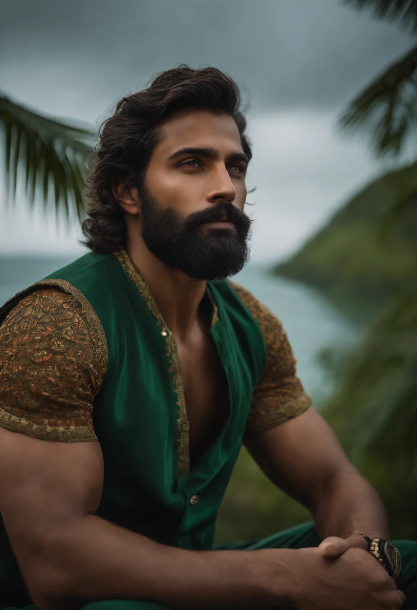 jovem masculino,barba preta,pele branca,olhos verde,realista,olhando para frente,avatar falante,sentado cadeira, fundo natureza.