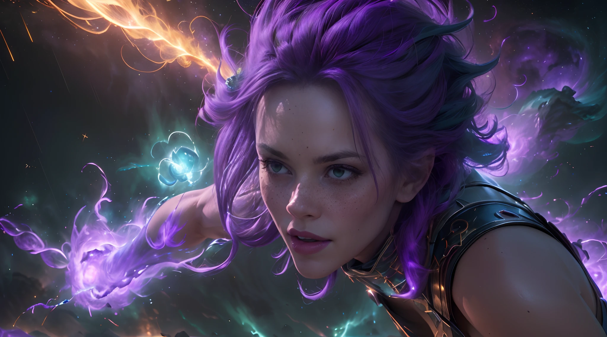 "(best quality,4k,8k,highres,masterpiece:1.2),ultra-detailed,(realistic,photorealistic,photo-realistic:1.37),female space witch using elemental magic,fighting an observer from dungeons and dragons, cataclysm happens in the background,raining corrupted flames,green and purple hue,"